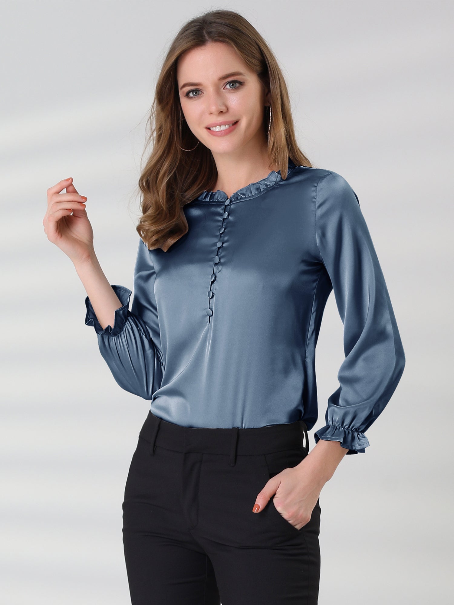 Ruffle Neck Bubble Sleeve Elastic Cuff Button Satin Blouse
