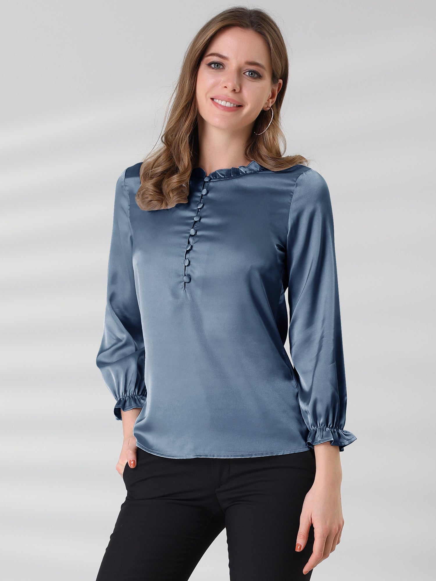 Ruffle Neck Bubble Sleeve Elastic Cuff Button Satin Blouse
