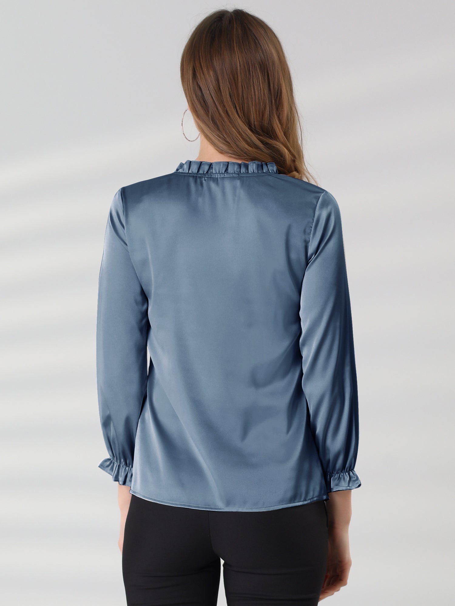 Ruffle Neck Bubble Sleeve Elastic Cuff Button Satin Blouse