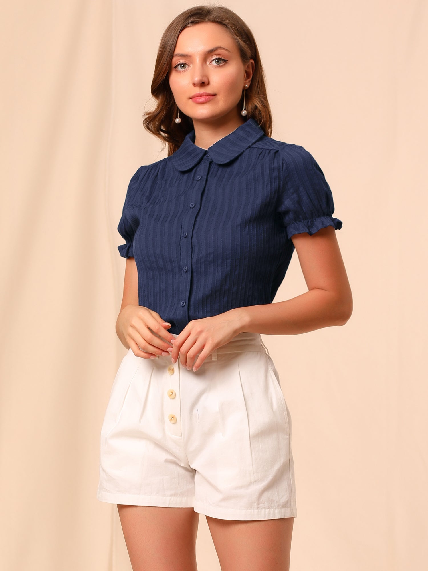 Cotton Frilled Top Turndown Collar Solid Blouse Shirt