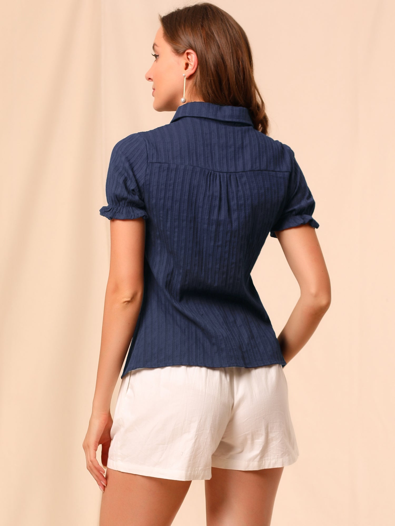 Cotton Frilled Top Turndown Collar Solid Blouse Shirt