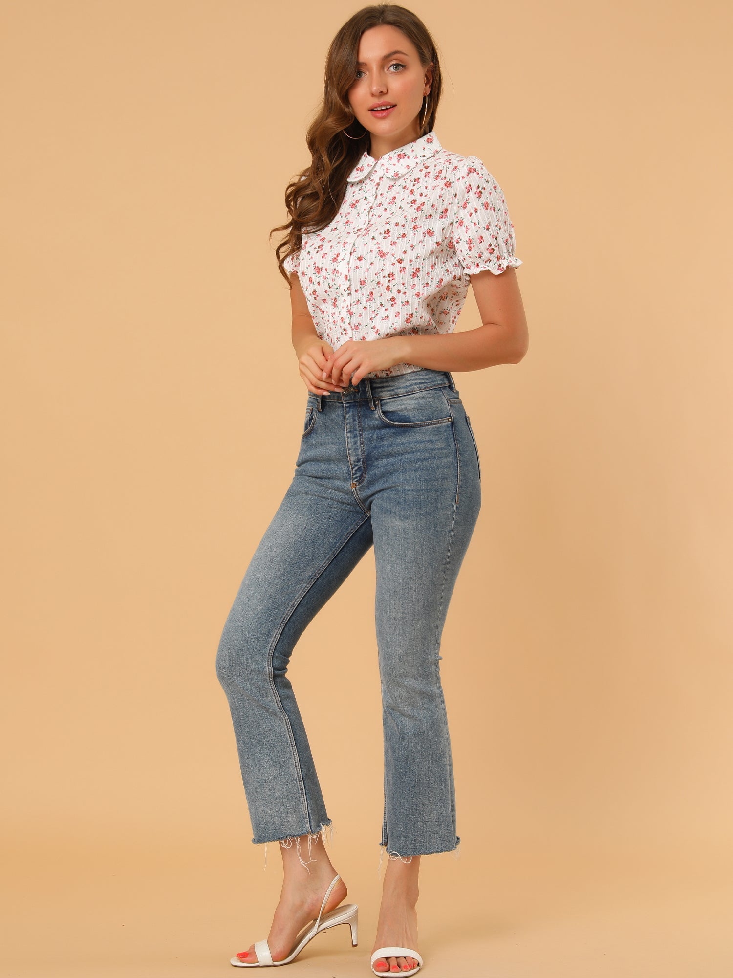 Floral Printed Peter Pan Collar Cotton Short Sleeve Shirt