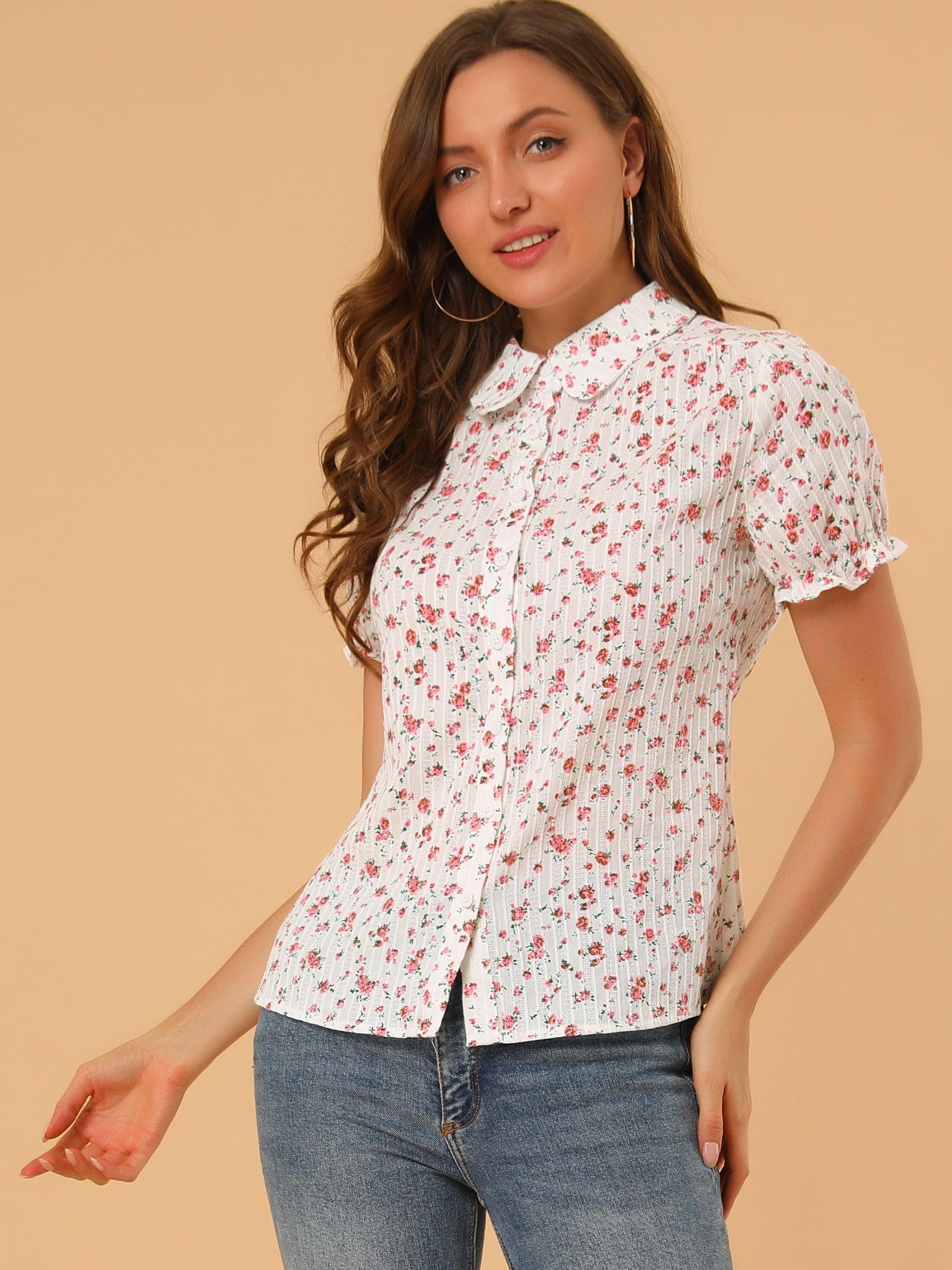 Floral Printed Peter Pan Collar Cotton Short Sleeve Shirt