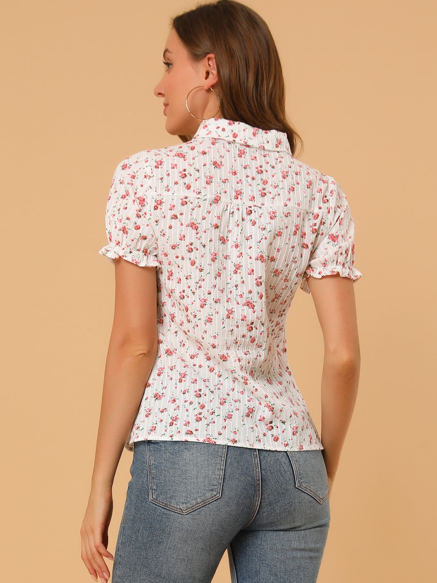 Floral Printed Peter Pan Collar Cotton Short Sleeve Shirt