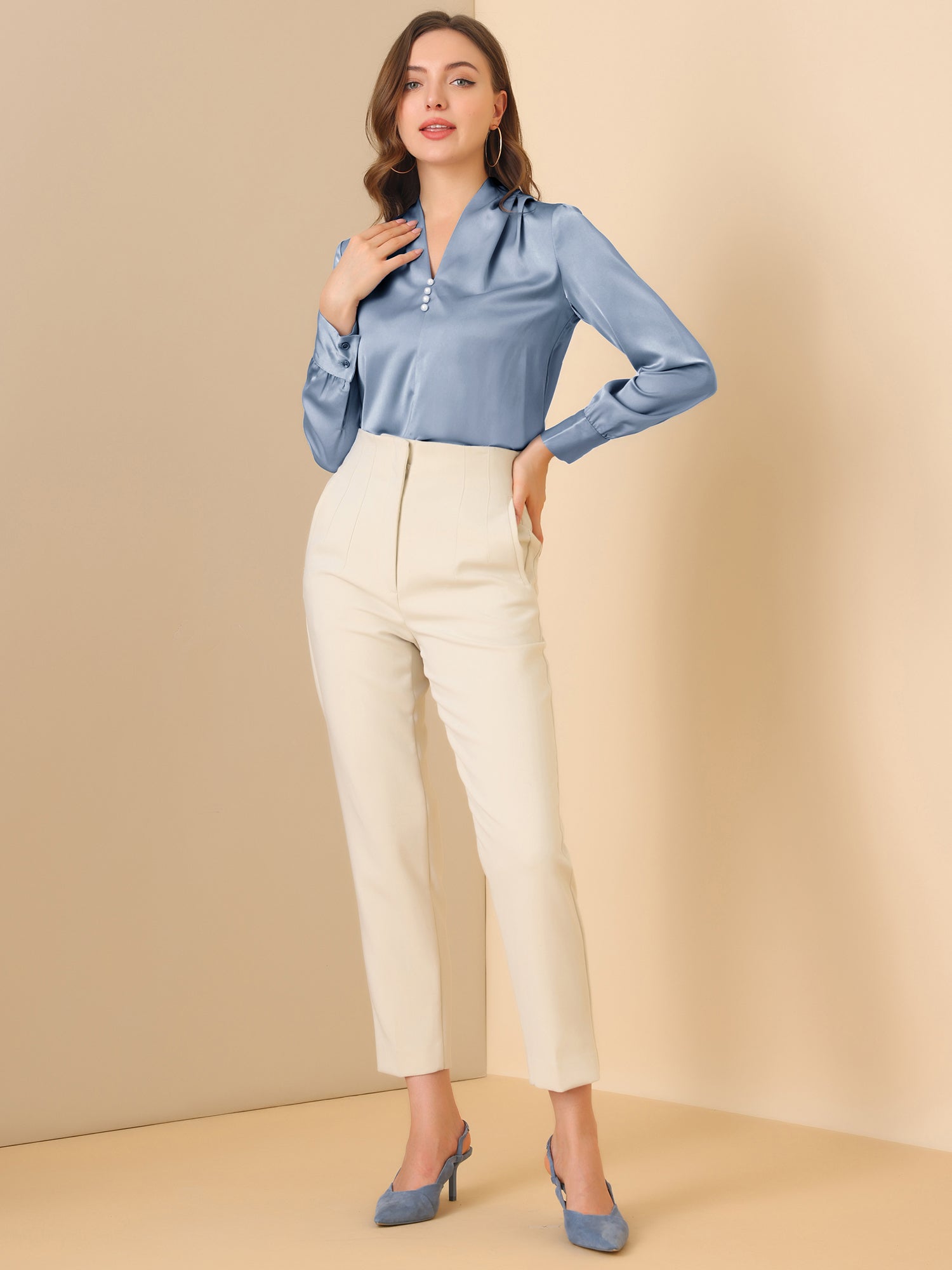 V Neck Decor Beaded Long Sleeve Office Pleated Satin Blouse Top