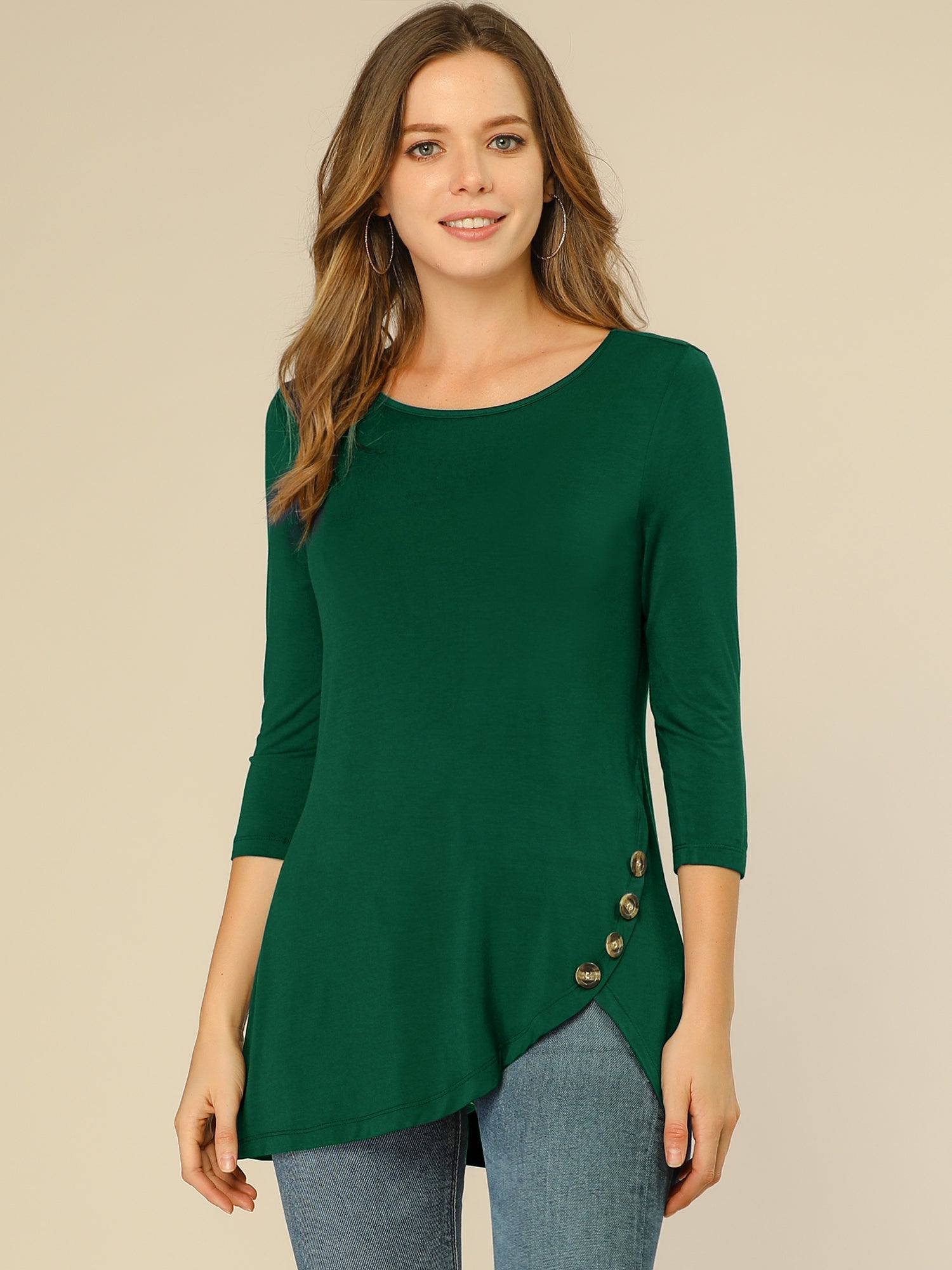 3/4 Sleeve Round Neck Button Decor Casual Stretchy Tunic Tops