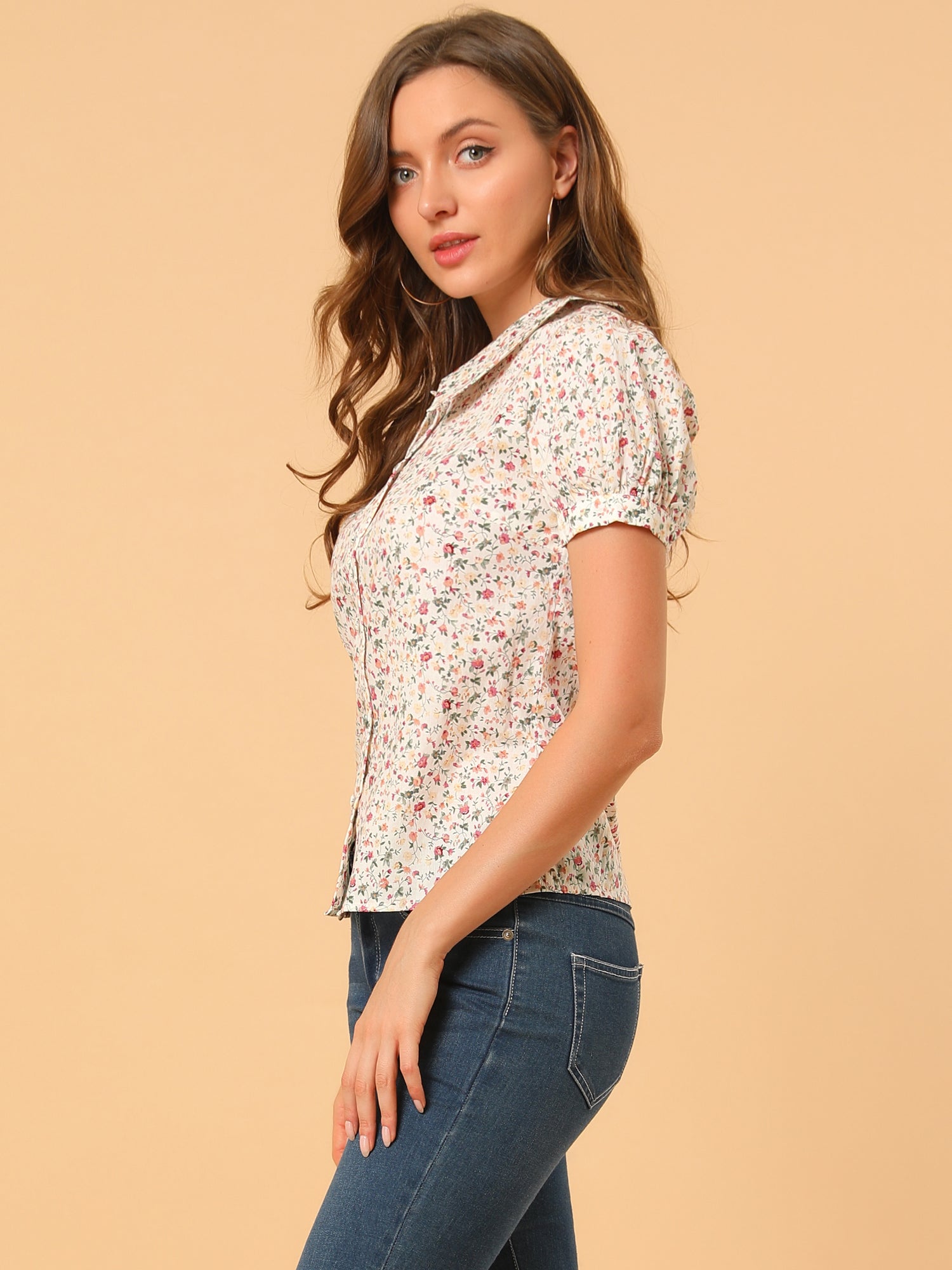 Puff Sleeve Shirt Point Collar Top Button Down Floral Blouse