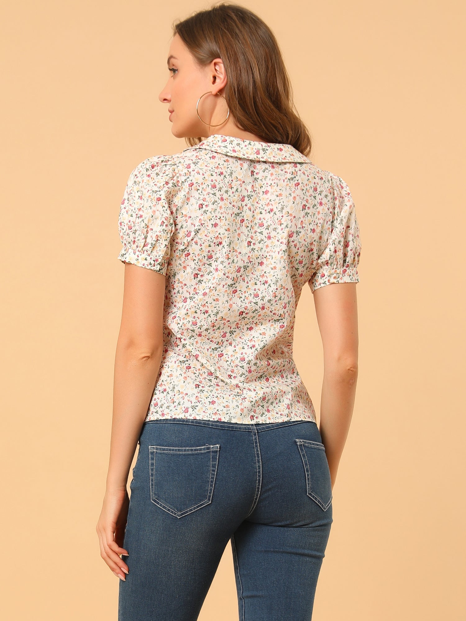 Puff Sleeve Shirt Point Collar Top Button Down Floral Blouse