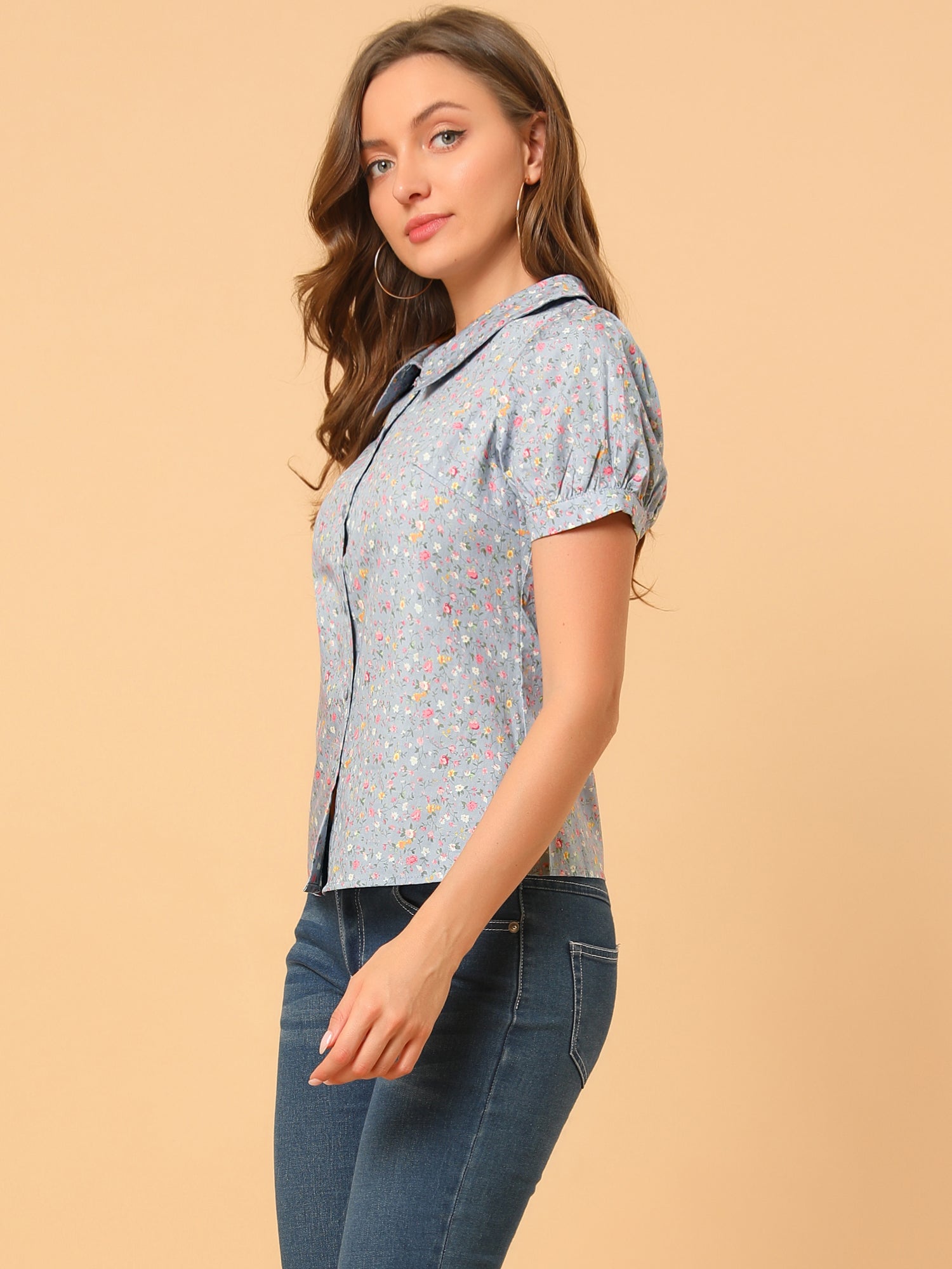 Puff Sleeve Shirt Point Collar Top Button Down Floral Blouse