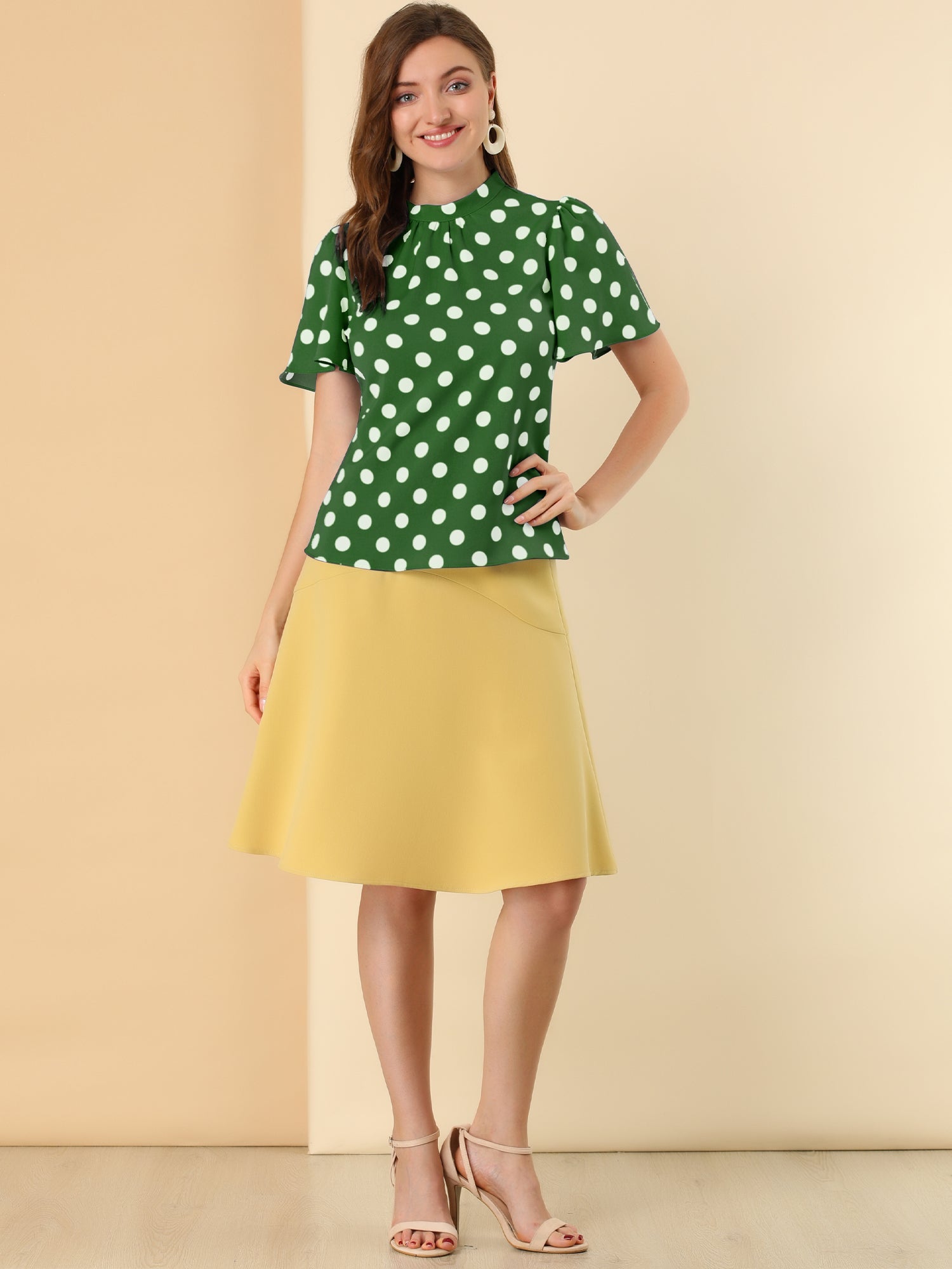 Polka Dots Stand Collar Pleat Keyhole Short Flare Sleeve Blouse