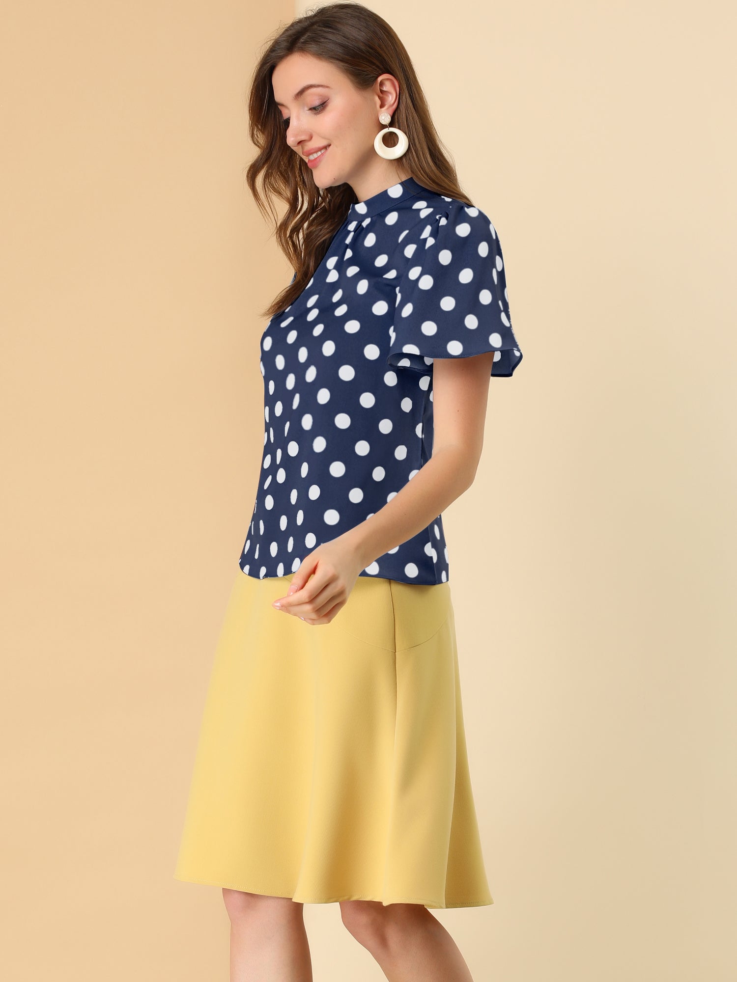 Polka Dots Stand Collar Pleat Keyhole Short Flare Sleeve Blouse