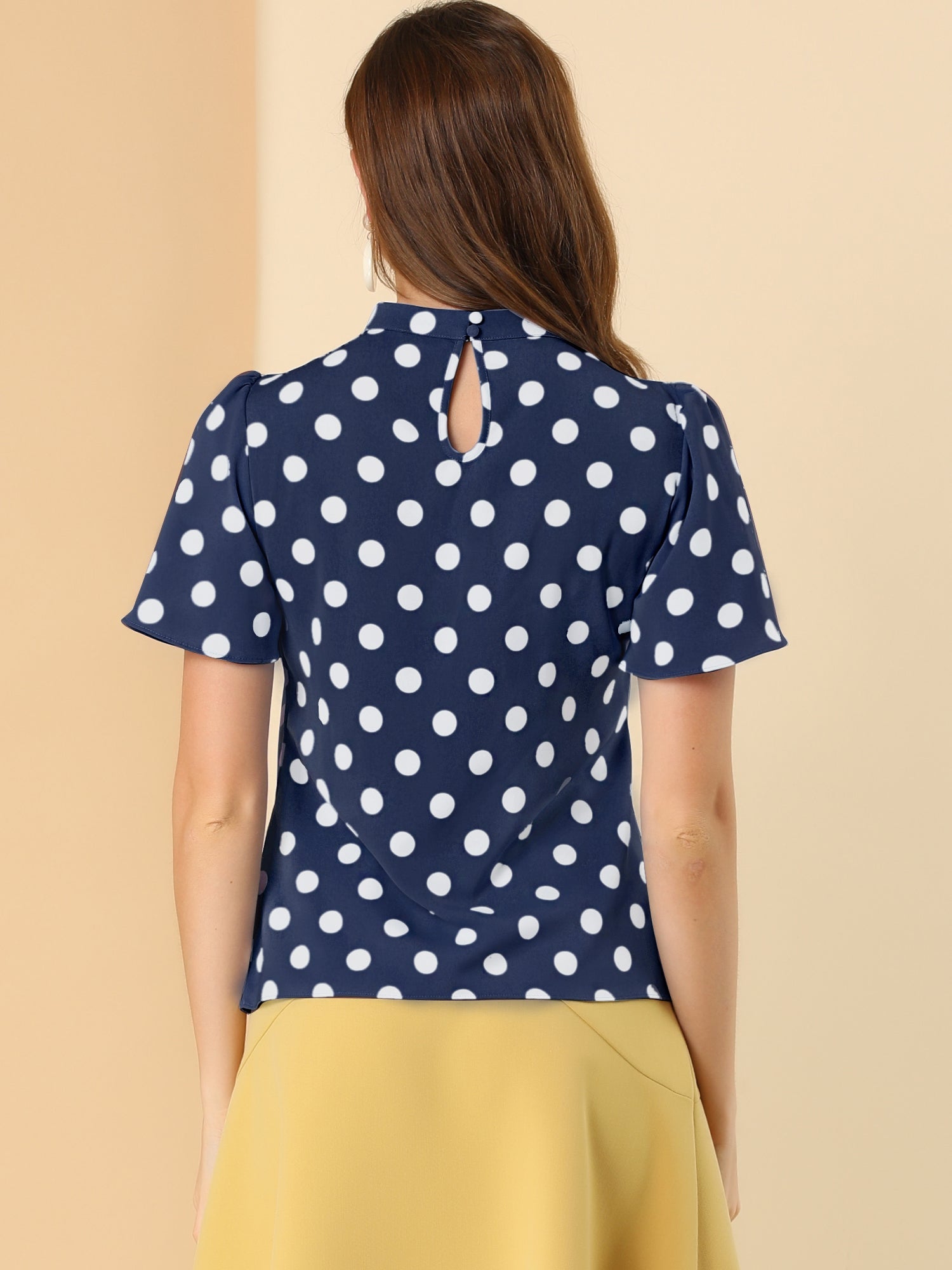 Polka Dots Stand Collar Pleat Keyhole Short Flare Sleeve Blouse