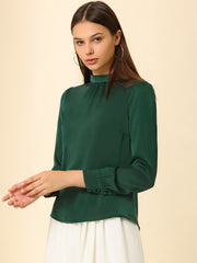 Satin Blouse Puff Sleeve Stand Collar Work Top