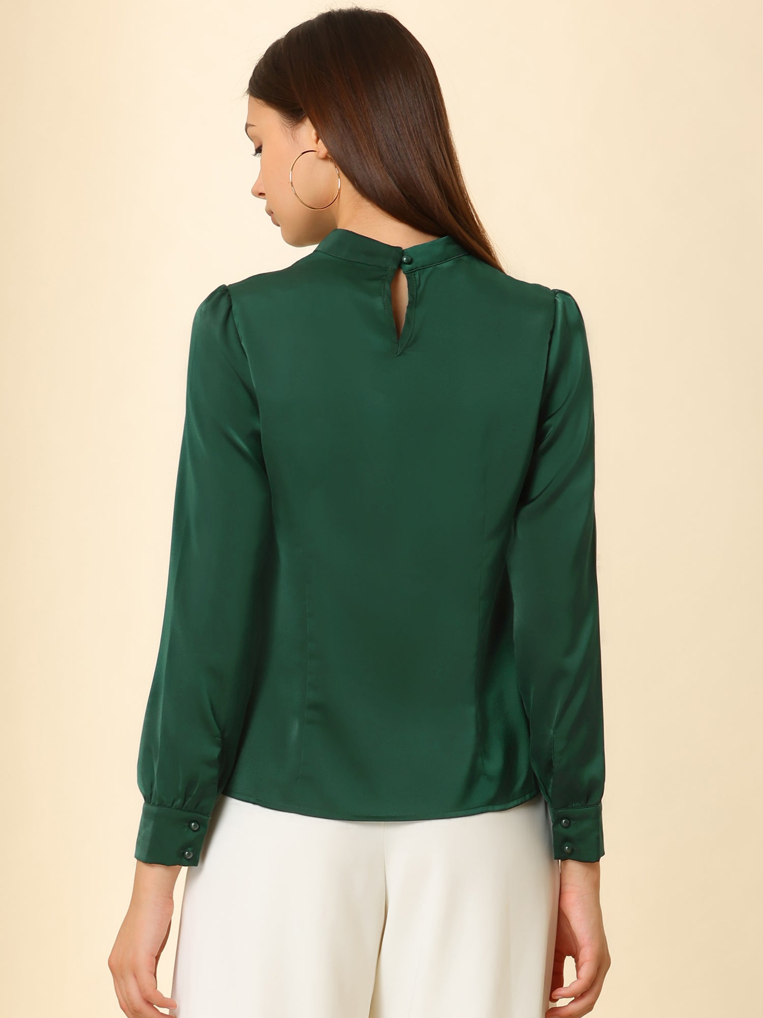 Satin Blouse Puff Sleeve Stand Collar Work Top