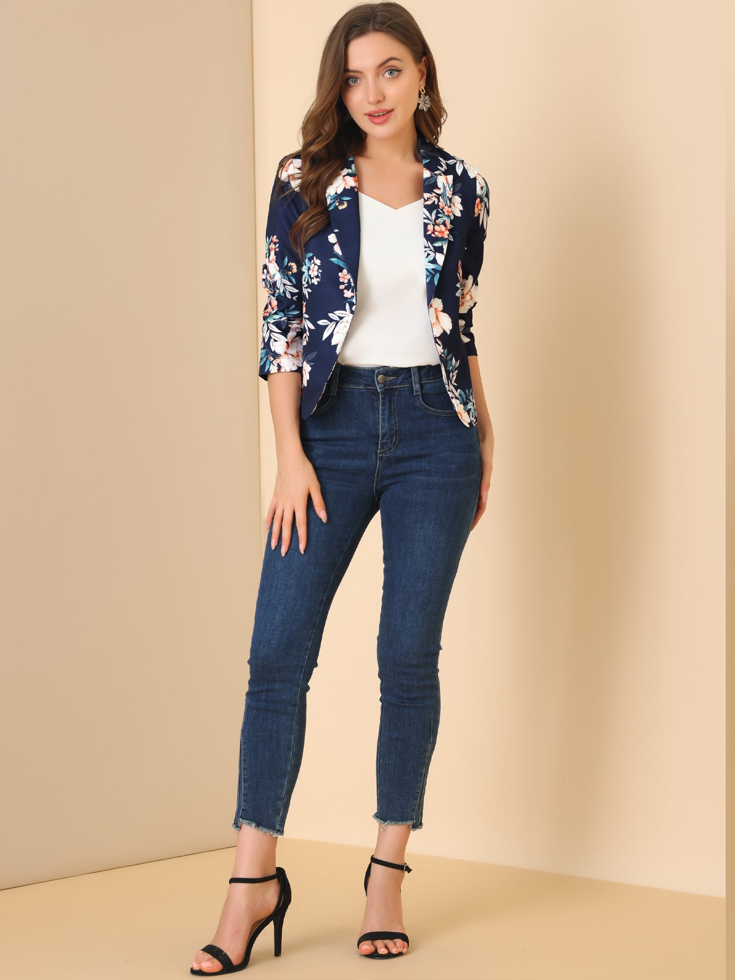 Open Front Floral Work Business Crop Blazer Jacket