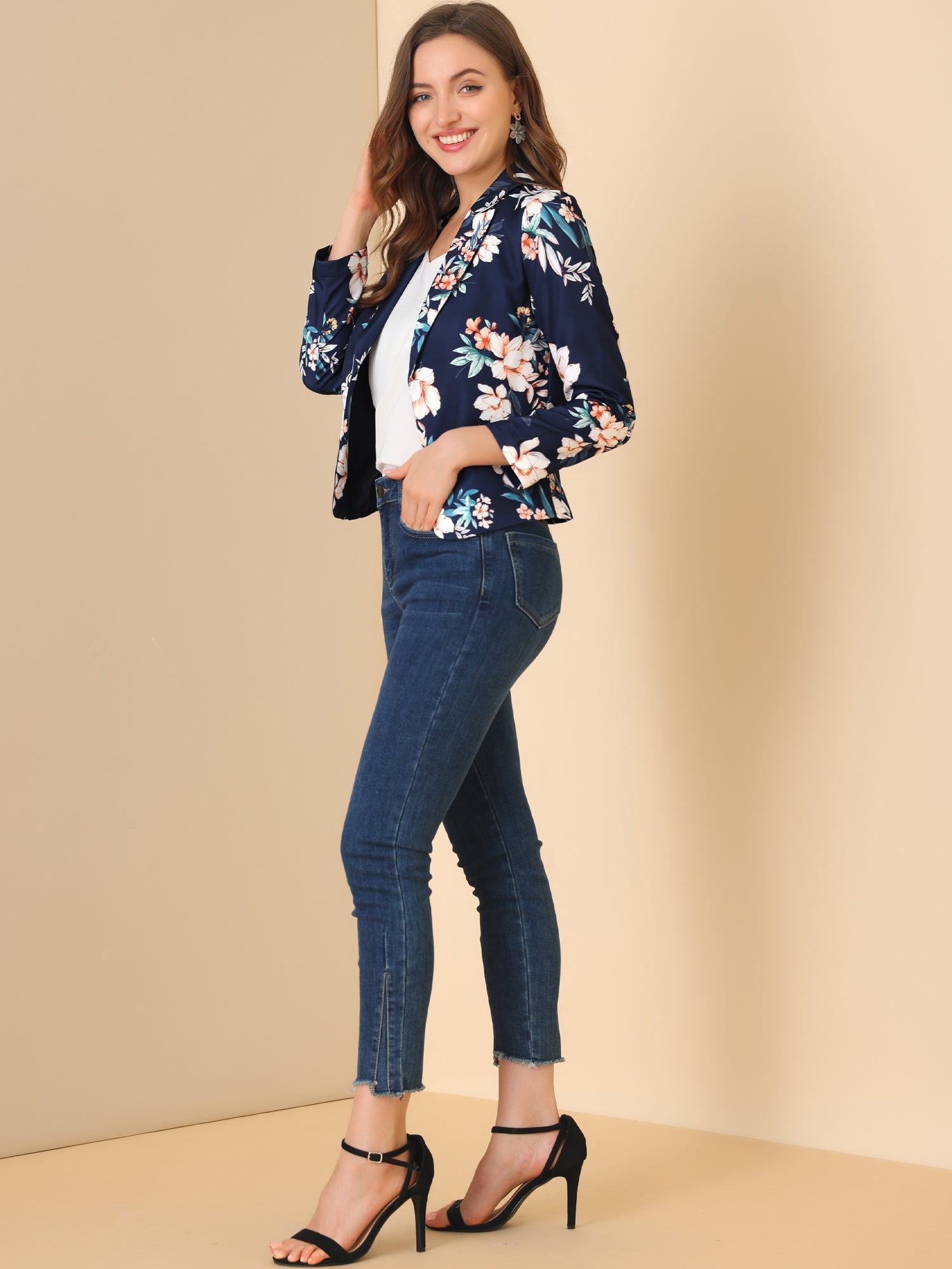 Open Front Floral Work Business Crop Blazer Jacket