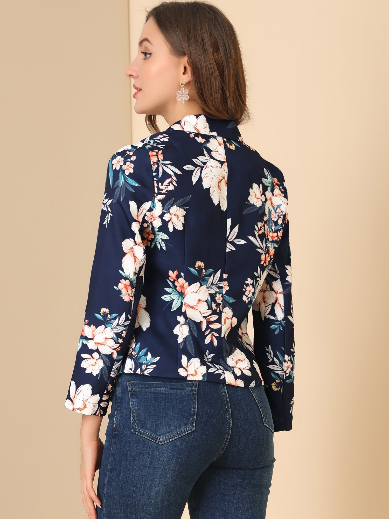 Open Front Floral Work Business Crop Blazer Jacket
