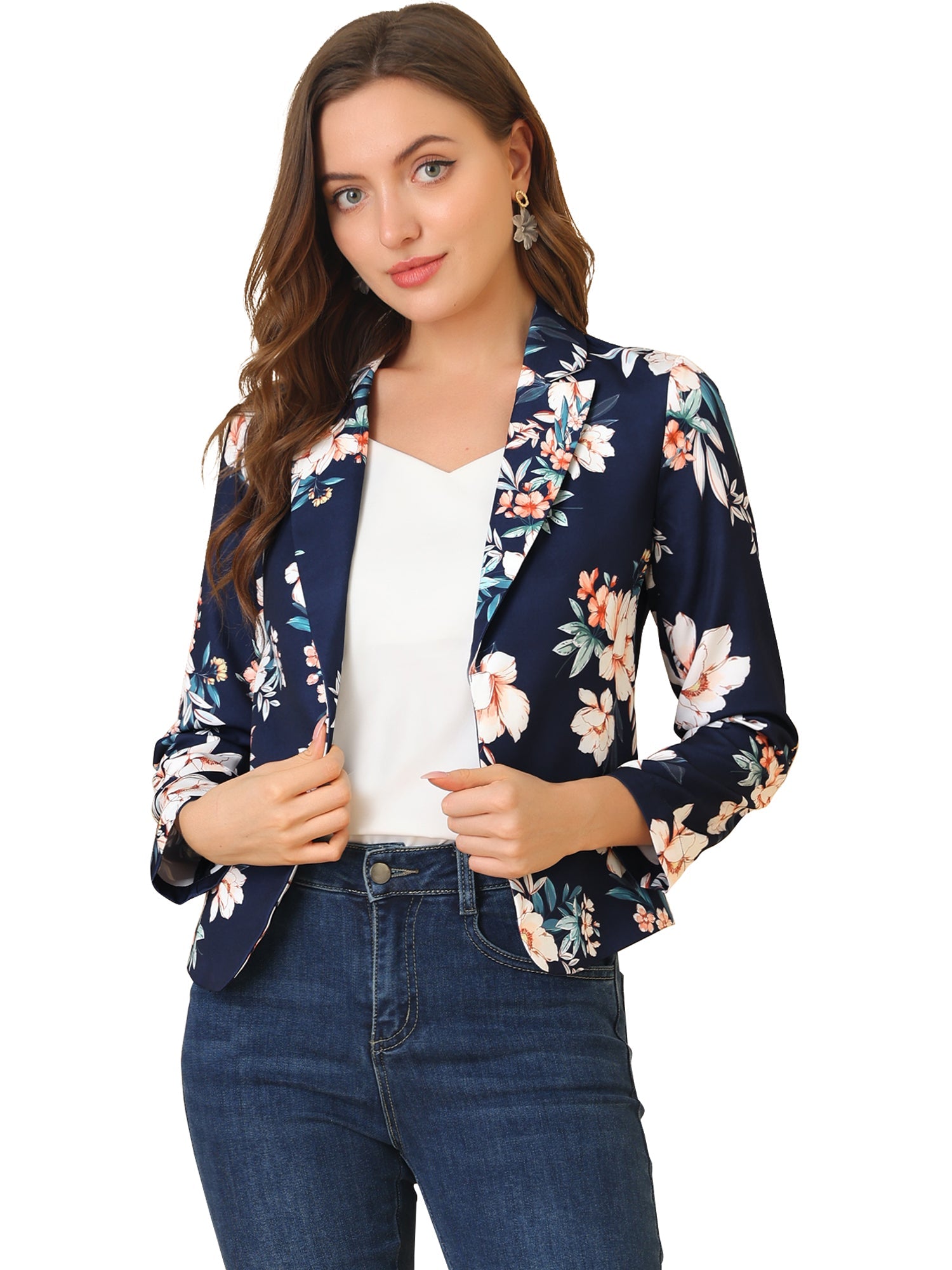 Open Front Floral Work Business Crop Blazer Jacket