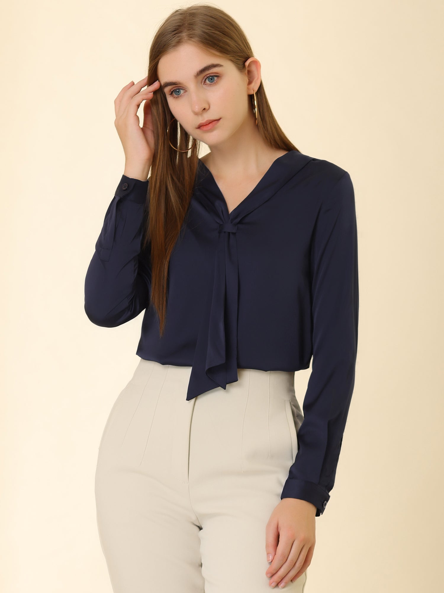 Satin Tie Neck Long Sleeve Solid Color Elegant Office Work Shirt Top