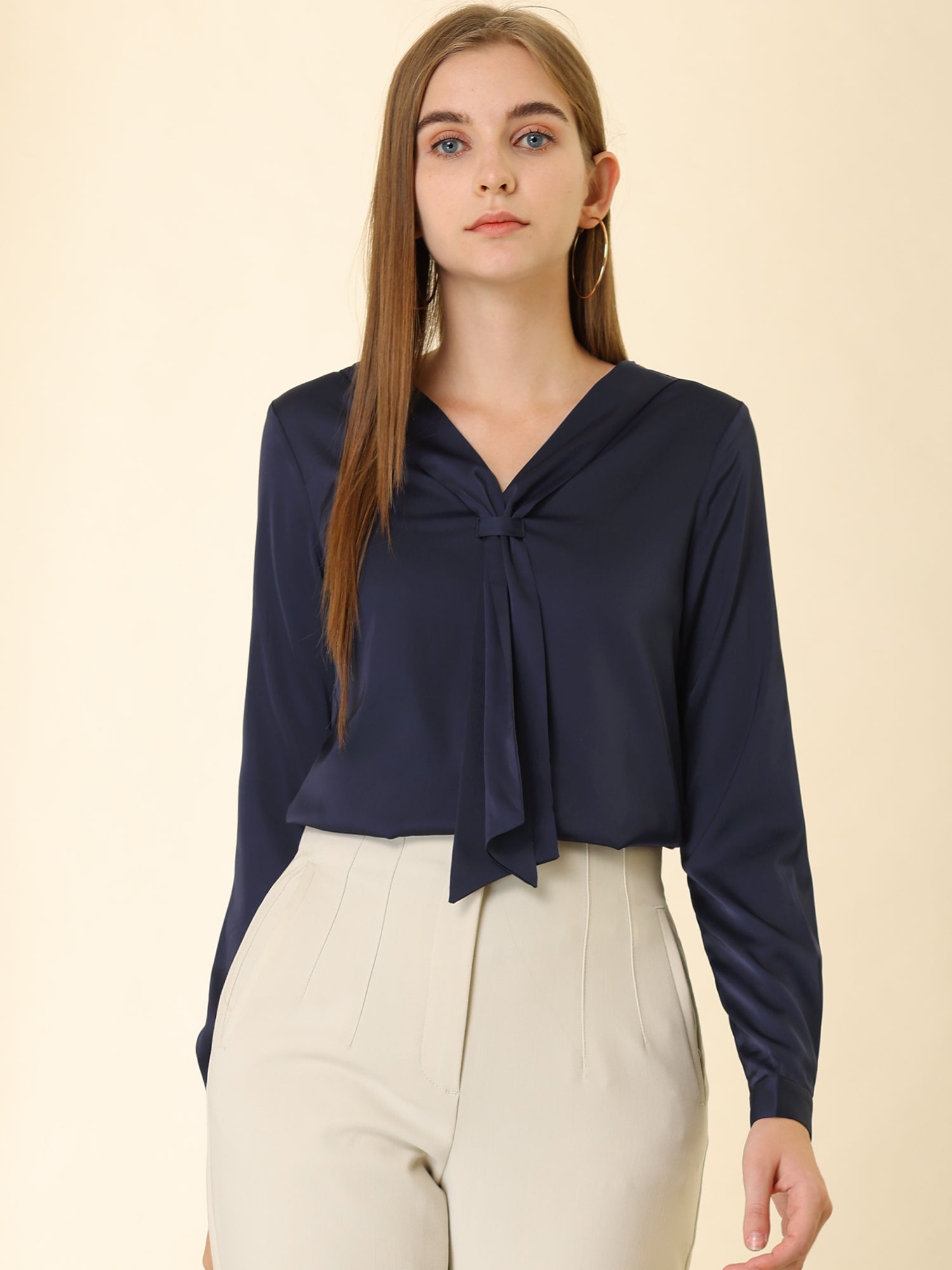 Satin Tie Neck Long Sleeve Solid Color Elegant Office Work Shirt Top