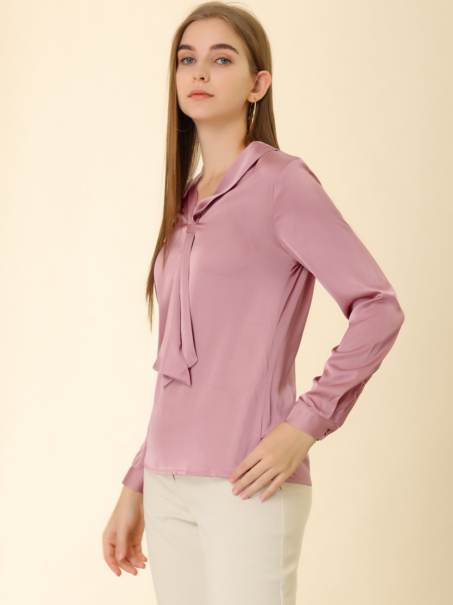 Satin Tie Neck Long Sleeve Solid Color Elegant Office Work Shirt Top