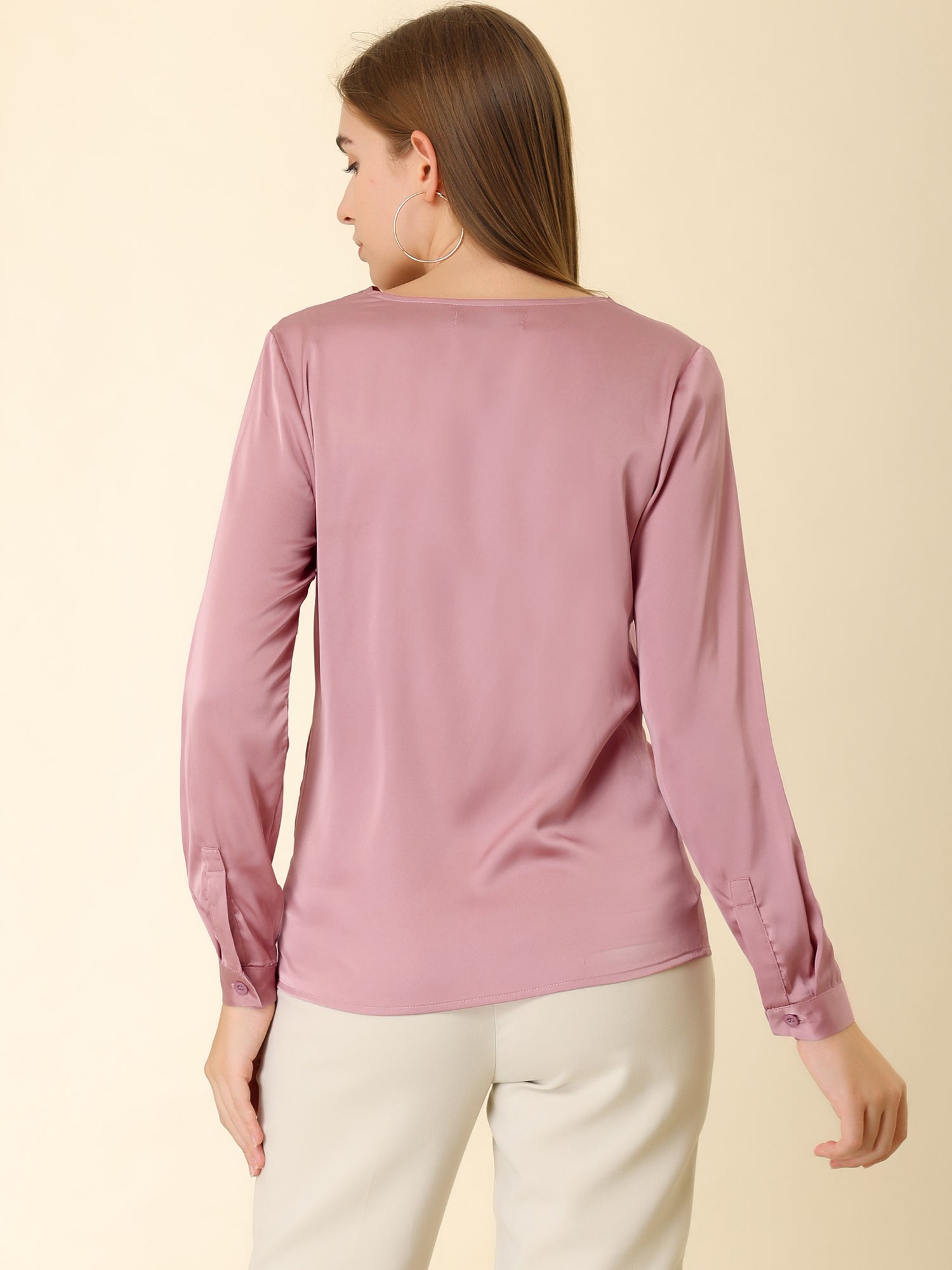 Satin Tie Neck Long Sleeve Solid Color Elegant Office Work Shirt Top