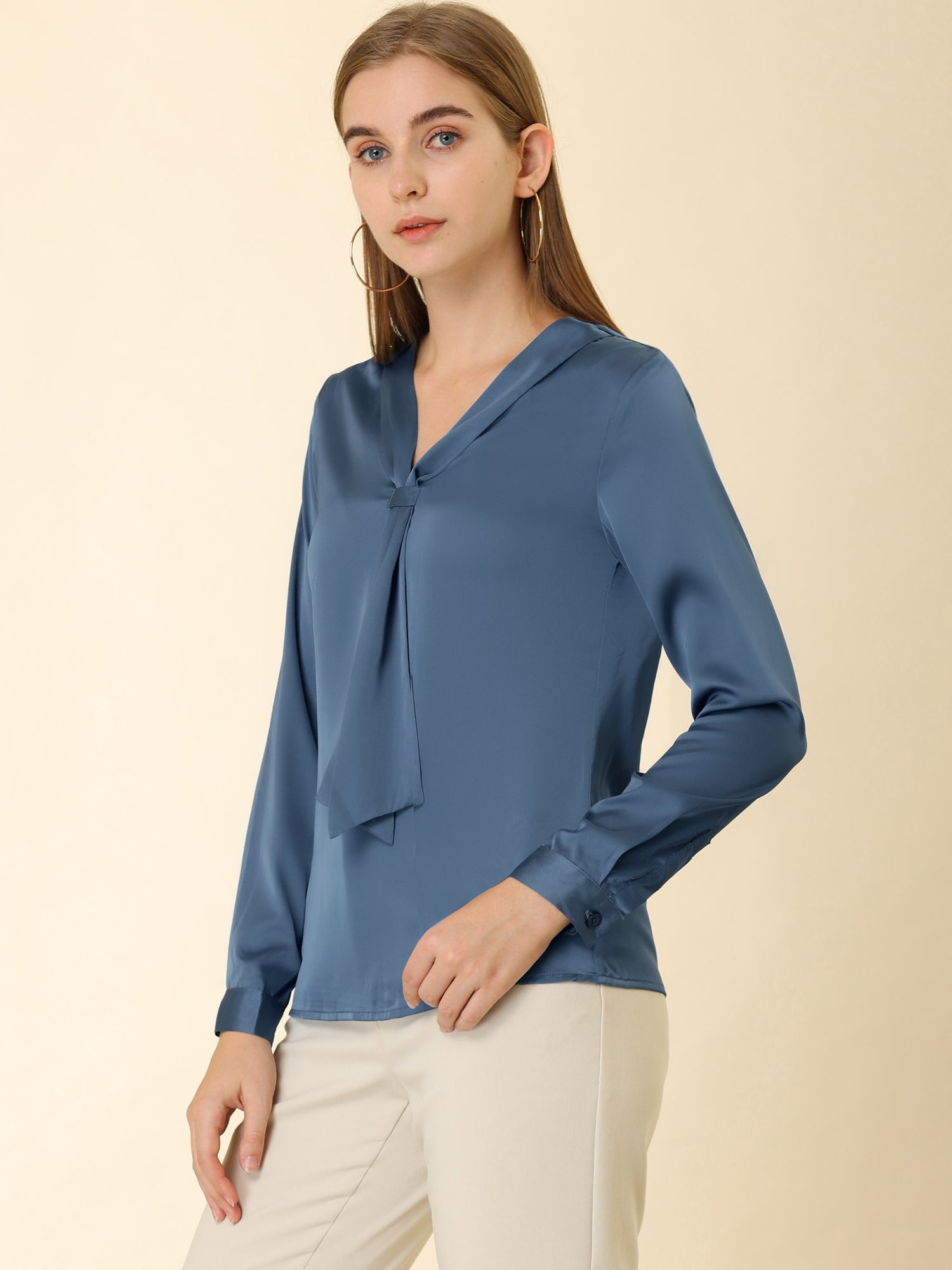 Satin Tie Neck Long Sleeve Solid Color Elegant Office Work Shirt Top