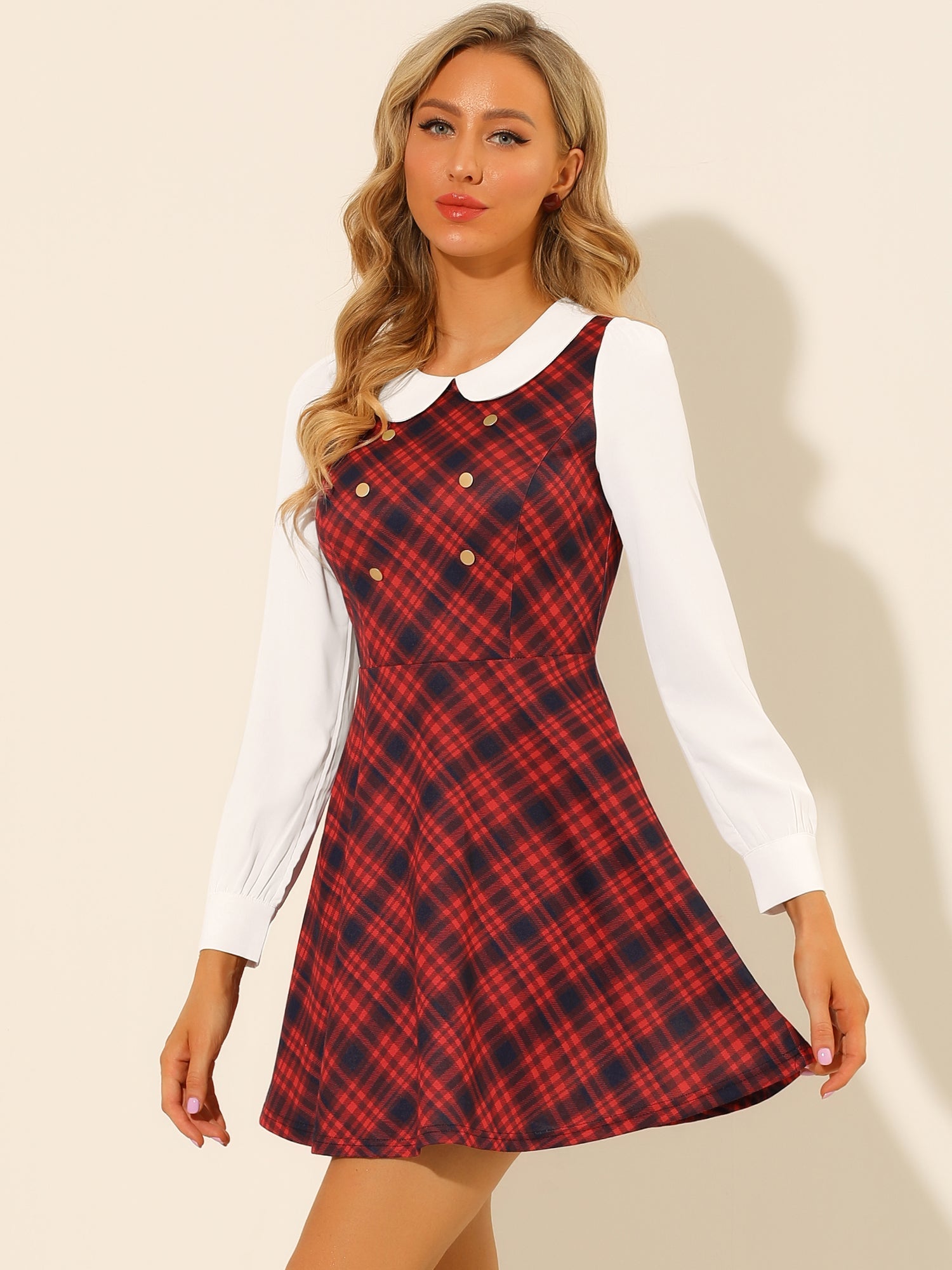 Peter Pan Collar Contrast Color Button Decor Plaid Dress