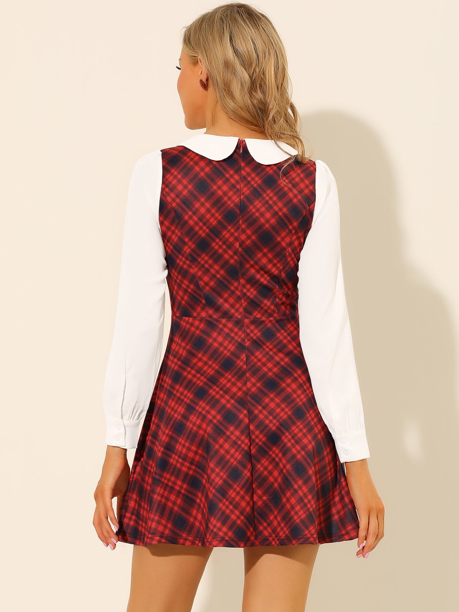 Peter Pan Collar Contrast Color Button Decor Plaid Dress