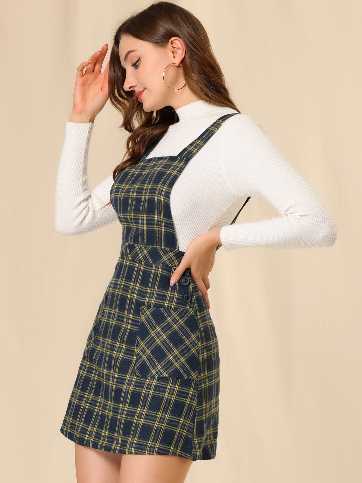 Plaid Tartan Button Decor A-Line Pinafore Overall Dress