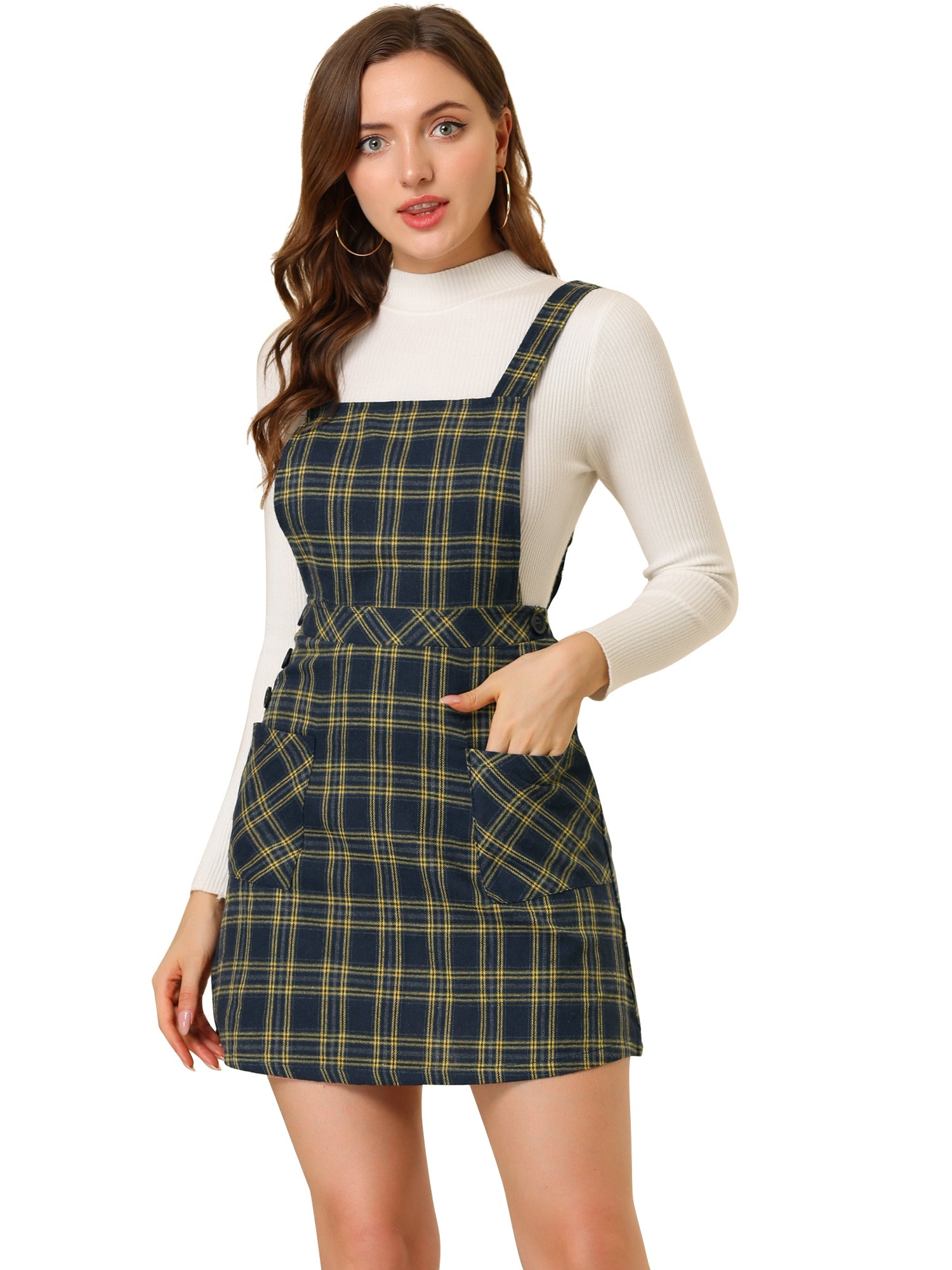 Plaid Tartan Button Decor A-Line Pinafore Overall Dress