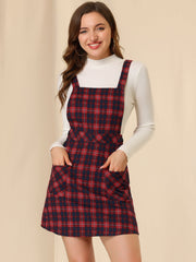 Plaid Tartan Button Decor A-Line Pinafore Overall Dress