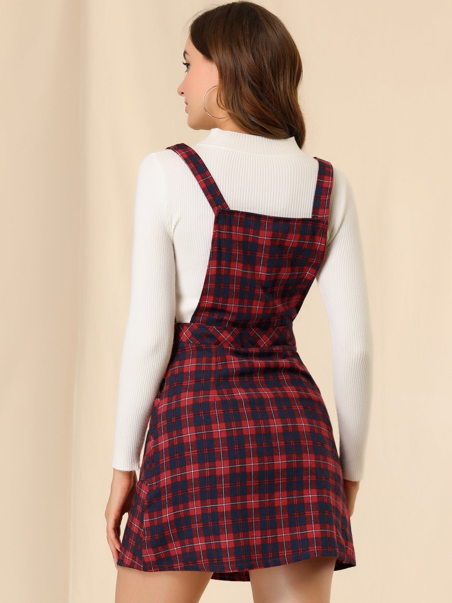 Plaid Tartan Button Decor A-Line Pinafore Overall Dress