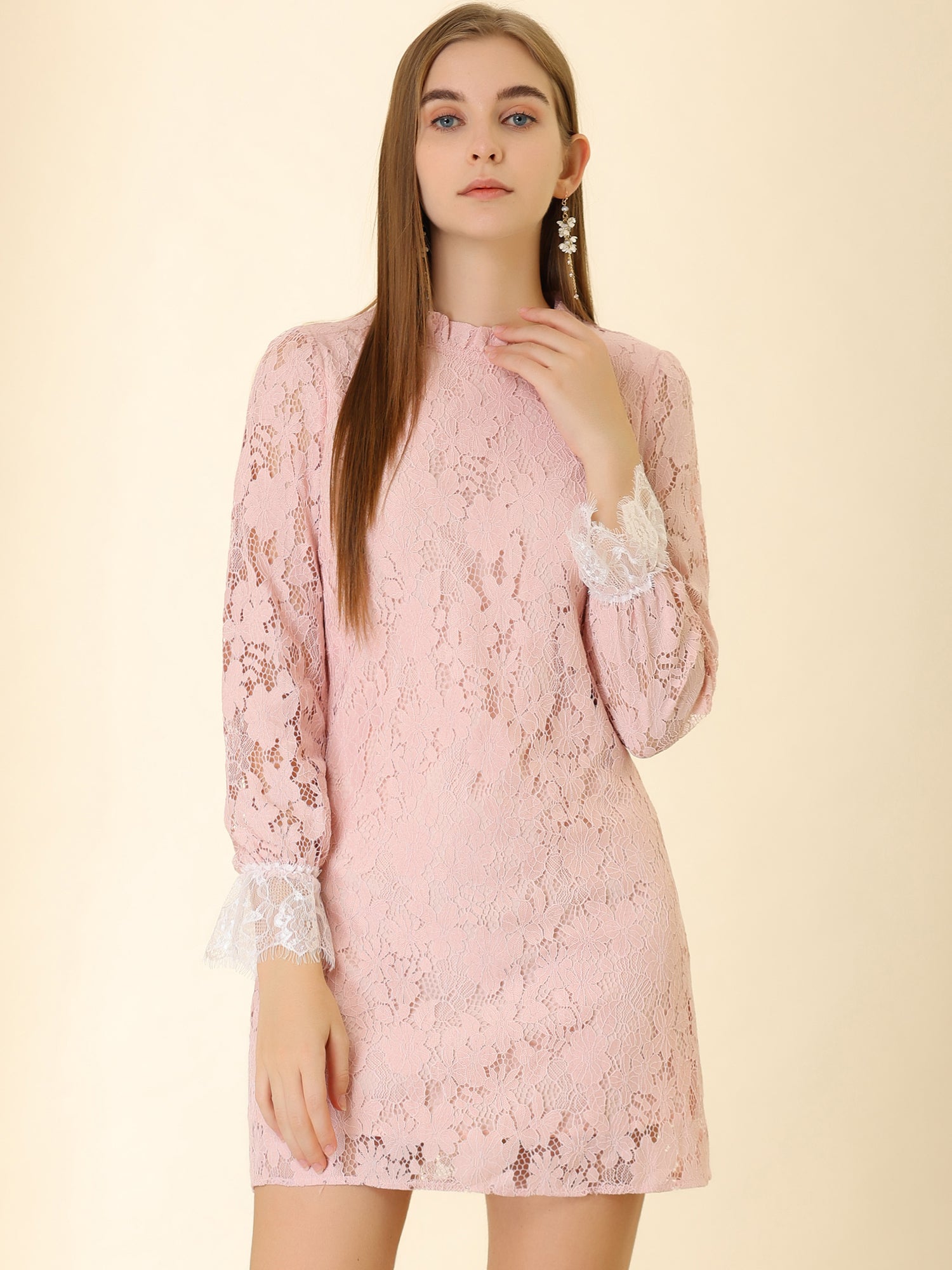 Lace Floral Ruffle Crew Neck Cocktail Mini Dress