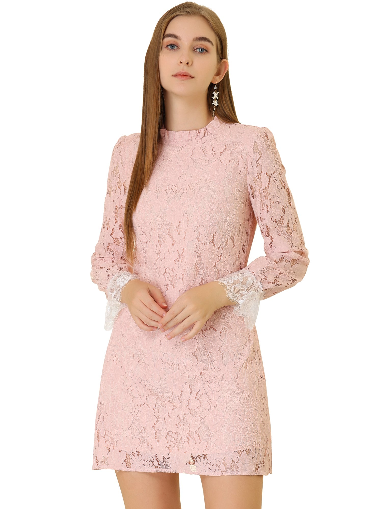 Lace Floral Ruffle Crew Neck Cocktail Mini Dress