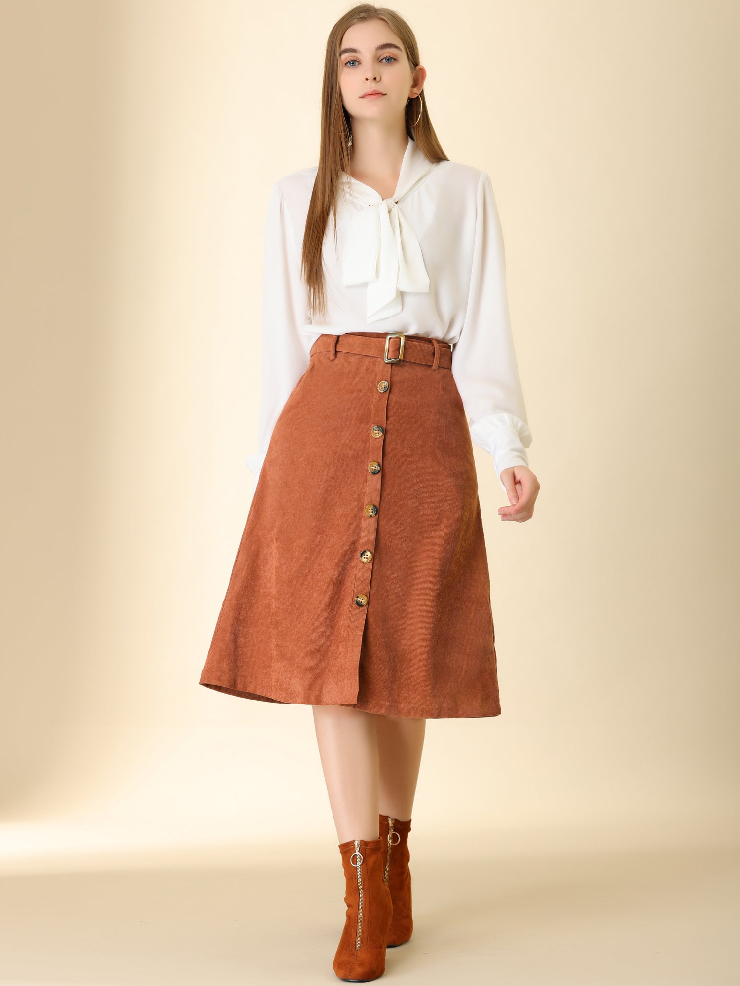 High Waist Button Front Belted Corduroy A-Line Midi Skirt