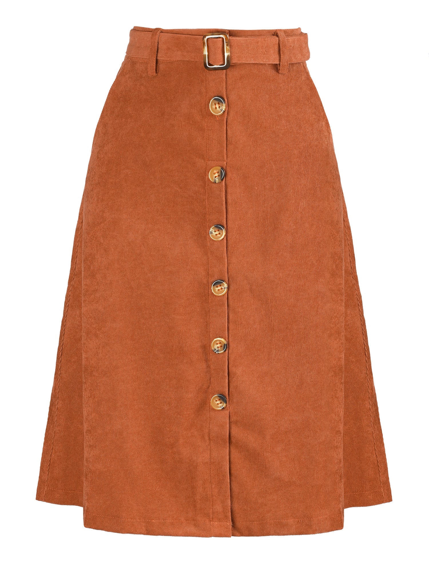 High Waist Button Front Belted Corduroy A-Line Midi Skirt