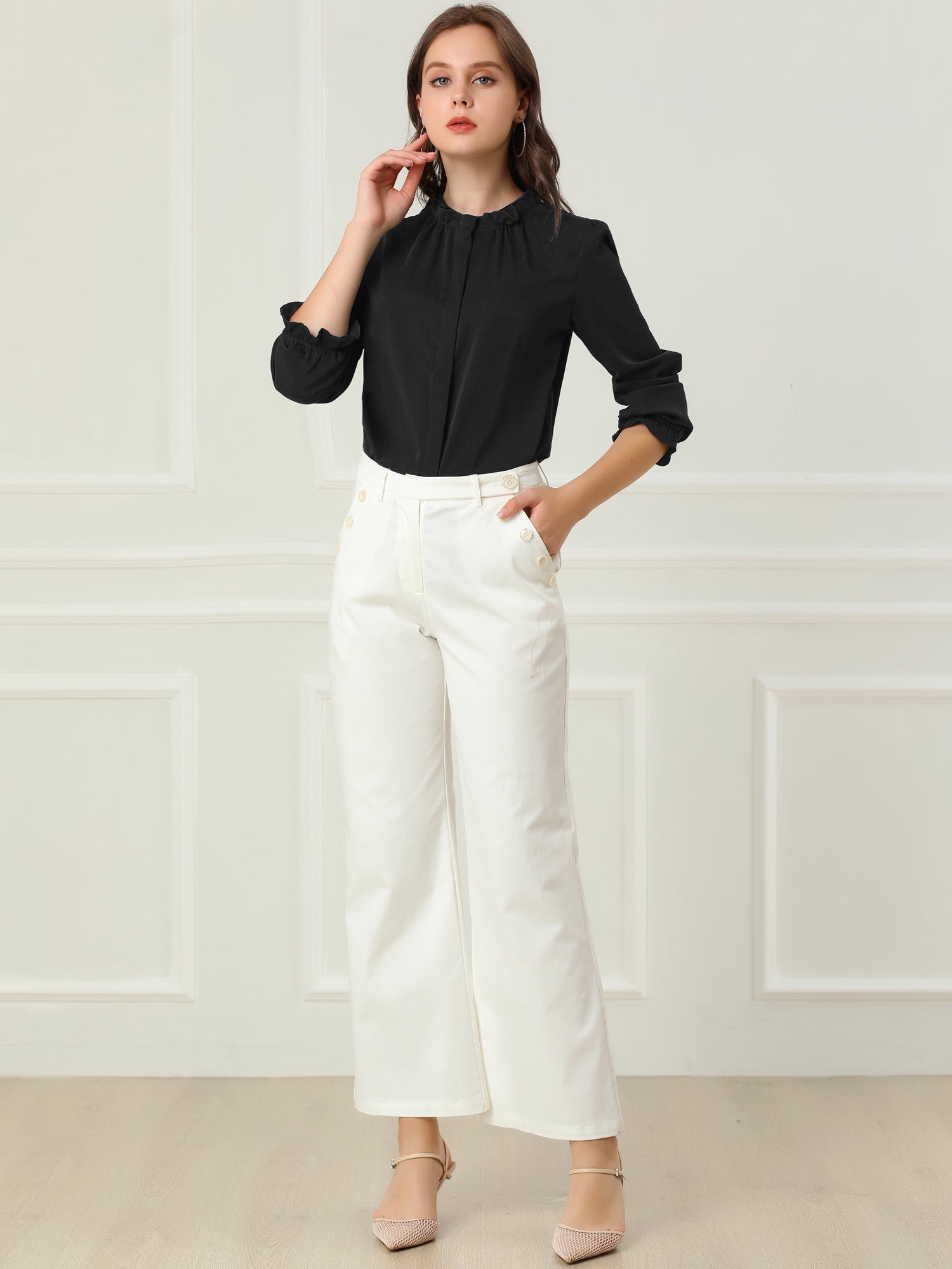 Work Office Blouse Button Up Ruffle Collar Long Sleeve Chiffon Shirt