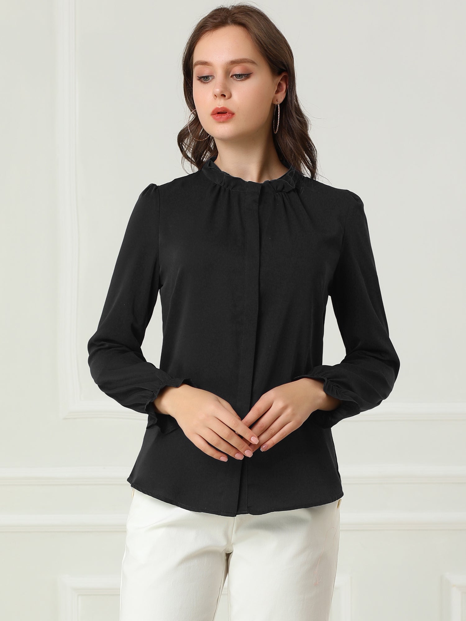 Work Office Blouse Button Up Ruffle Collar Long Sleeve Chiffon Shirt