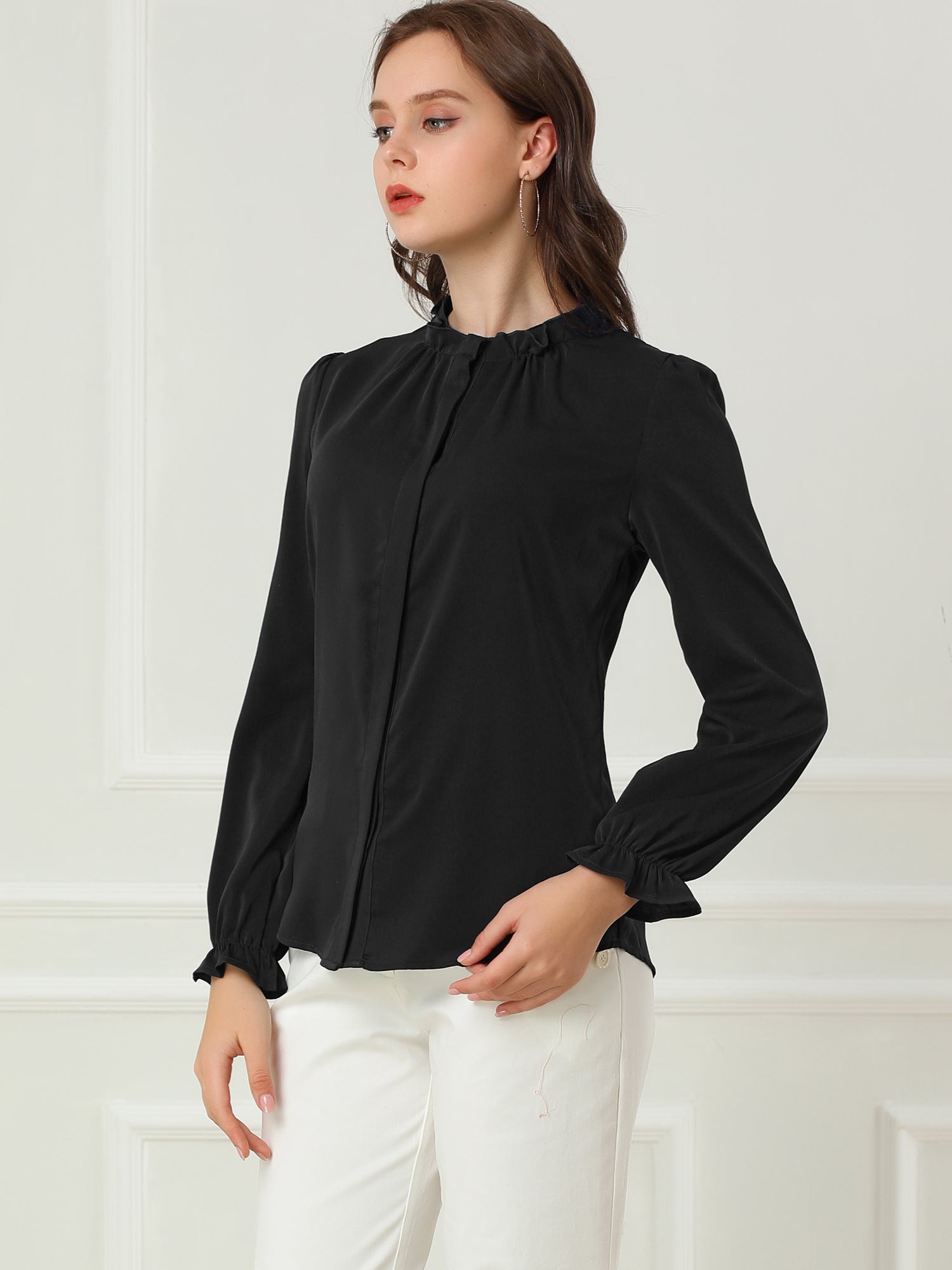 Work Office Blouse Button Up Ruffle Collar Long Sleeve Chiffon Shirt