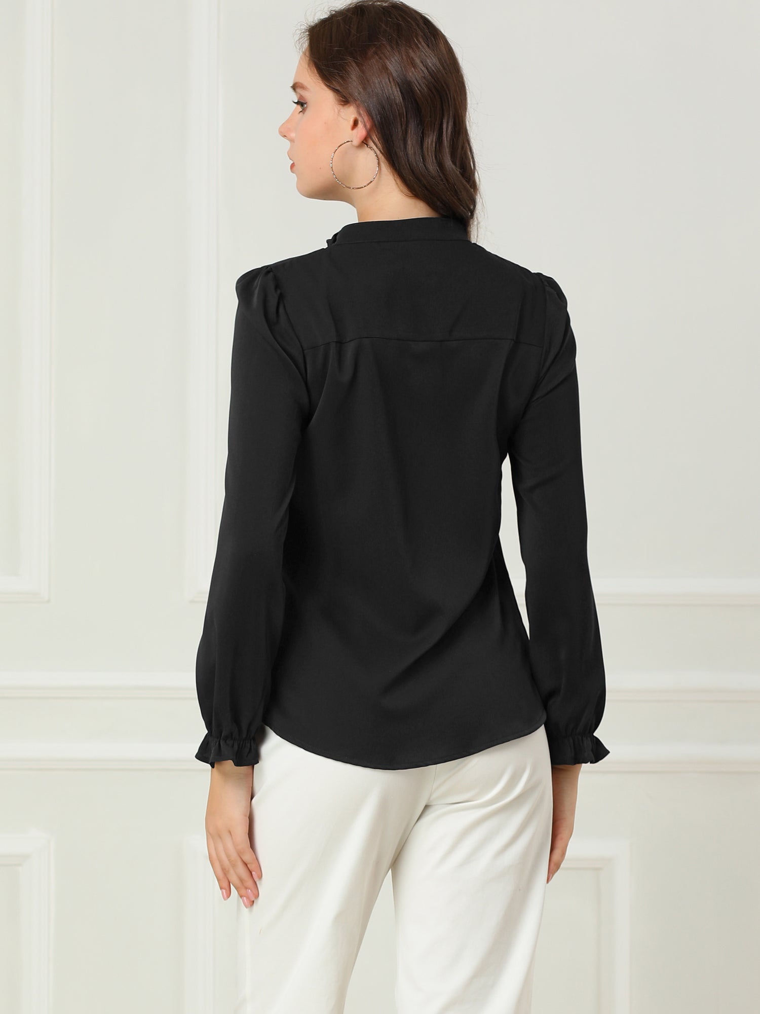 Work Office Blouse Button Up Ruffle Collar Long Sleeve Chiffon Shirt