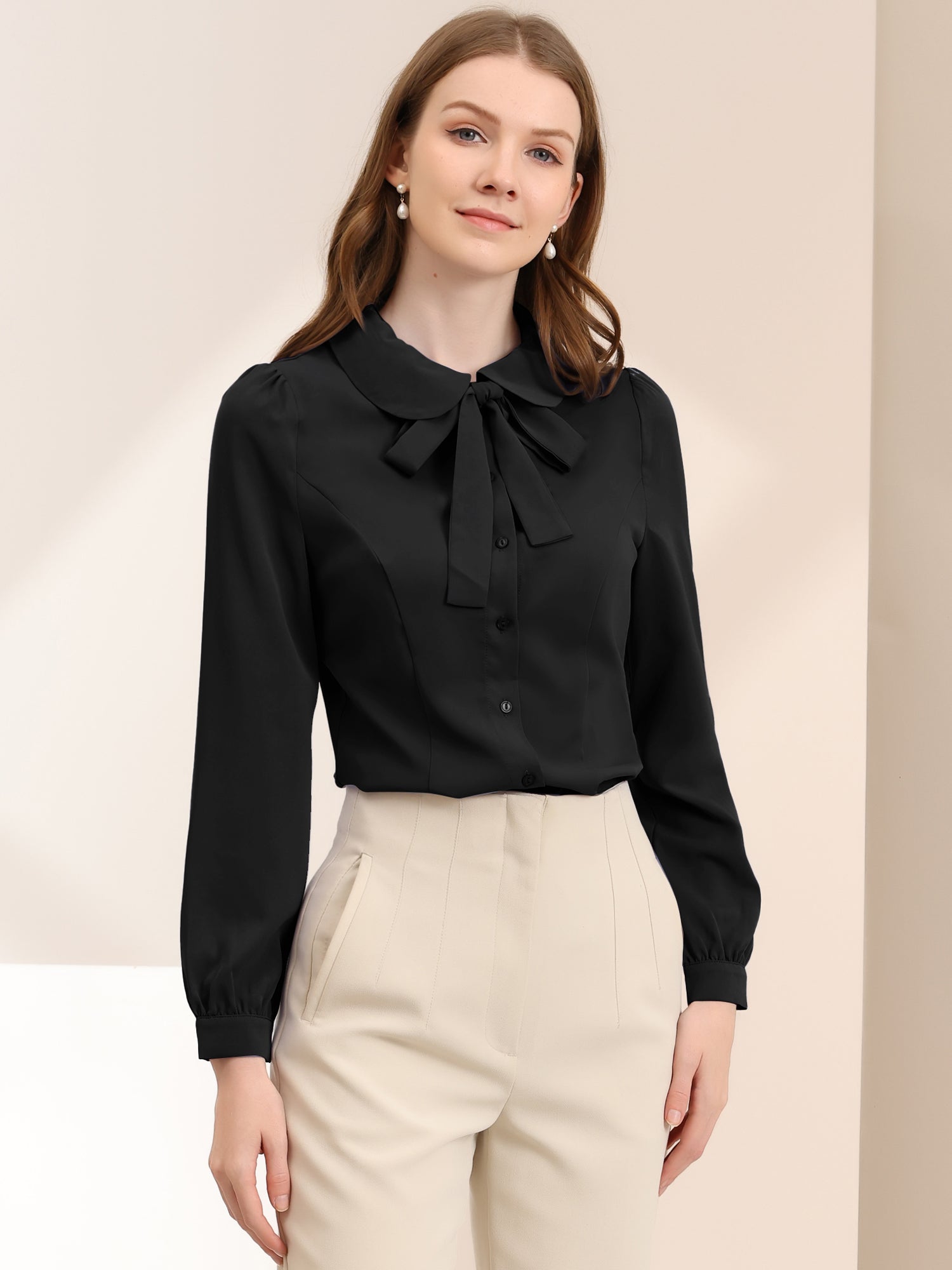 Peter Pan Collar Chiffon Bow Tie Neck Puff Sleeve Button Blouse