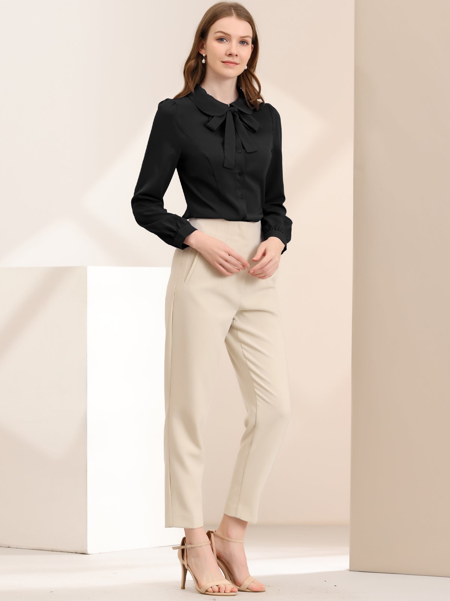 Peter Pan Collar Chiffon Bow Tie Neck Puff Sleeve Button Blouse
