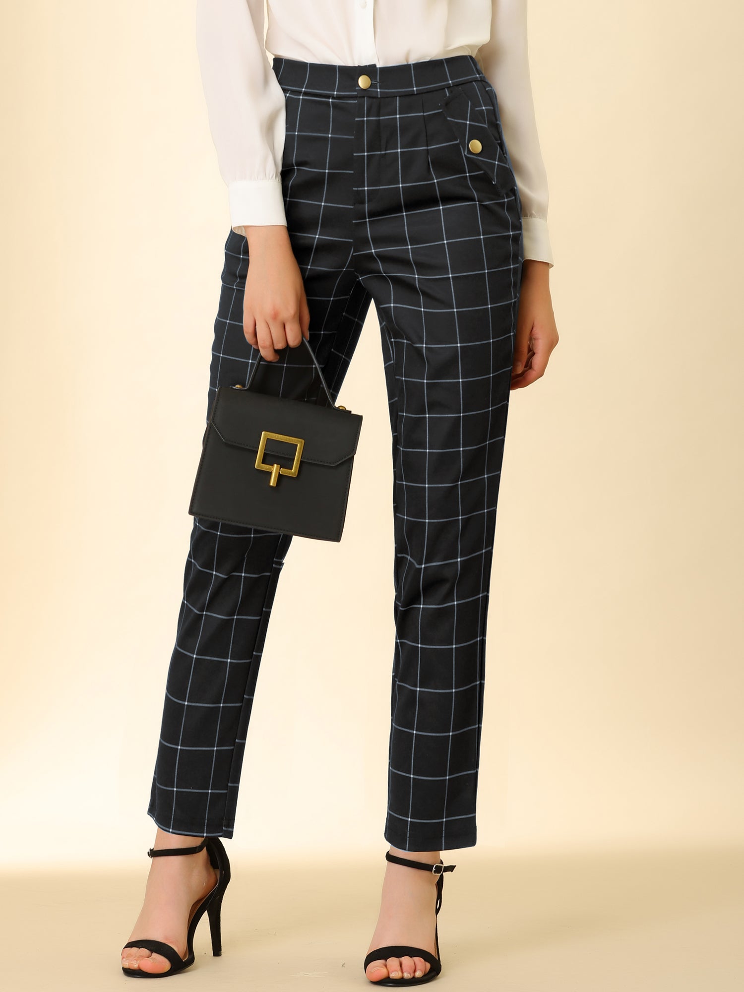 Tartan Plaid Pants Elastic Waist Straight Long Trousers