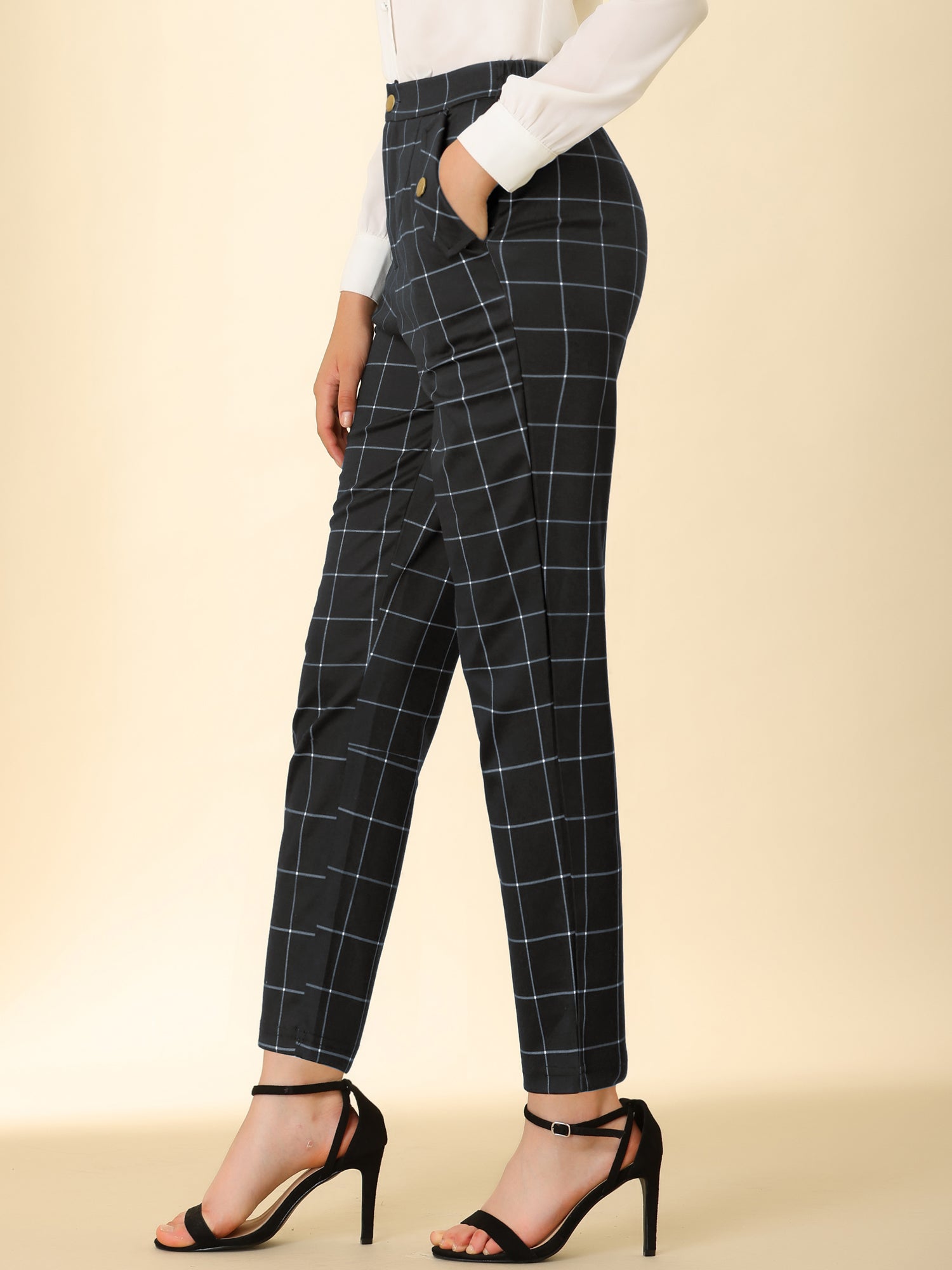 Tartan Plaid Pants Elastic Waist Straight Long Trousers