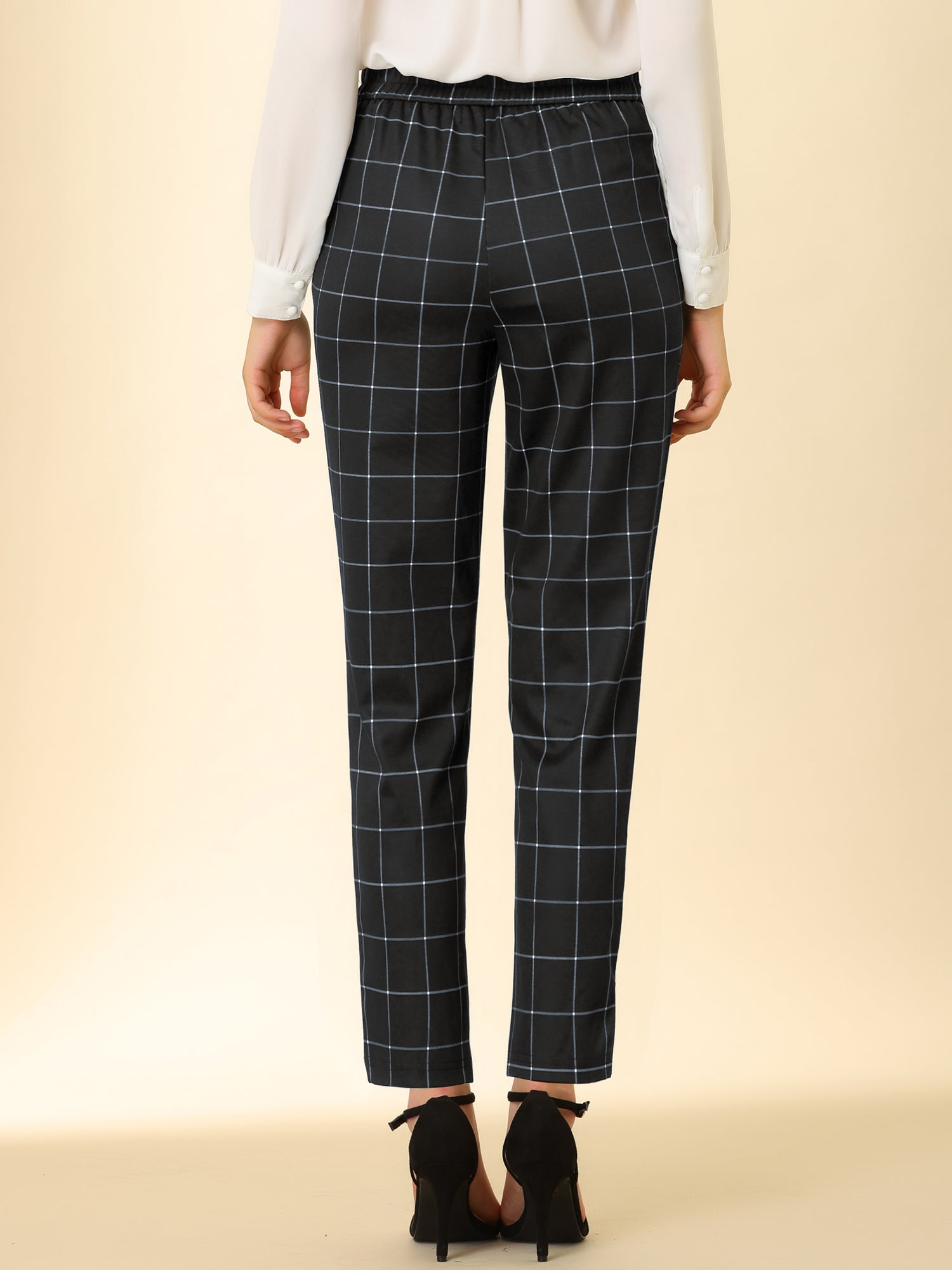 Tartan Plaid Pants Elastic Waist Straight Long Trousers