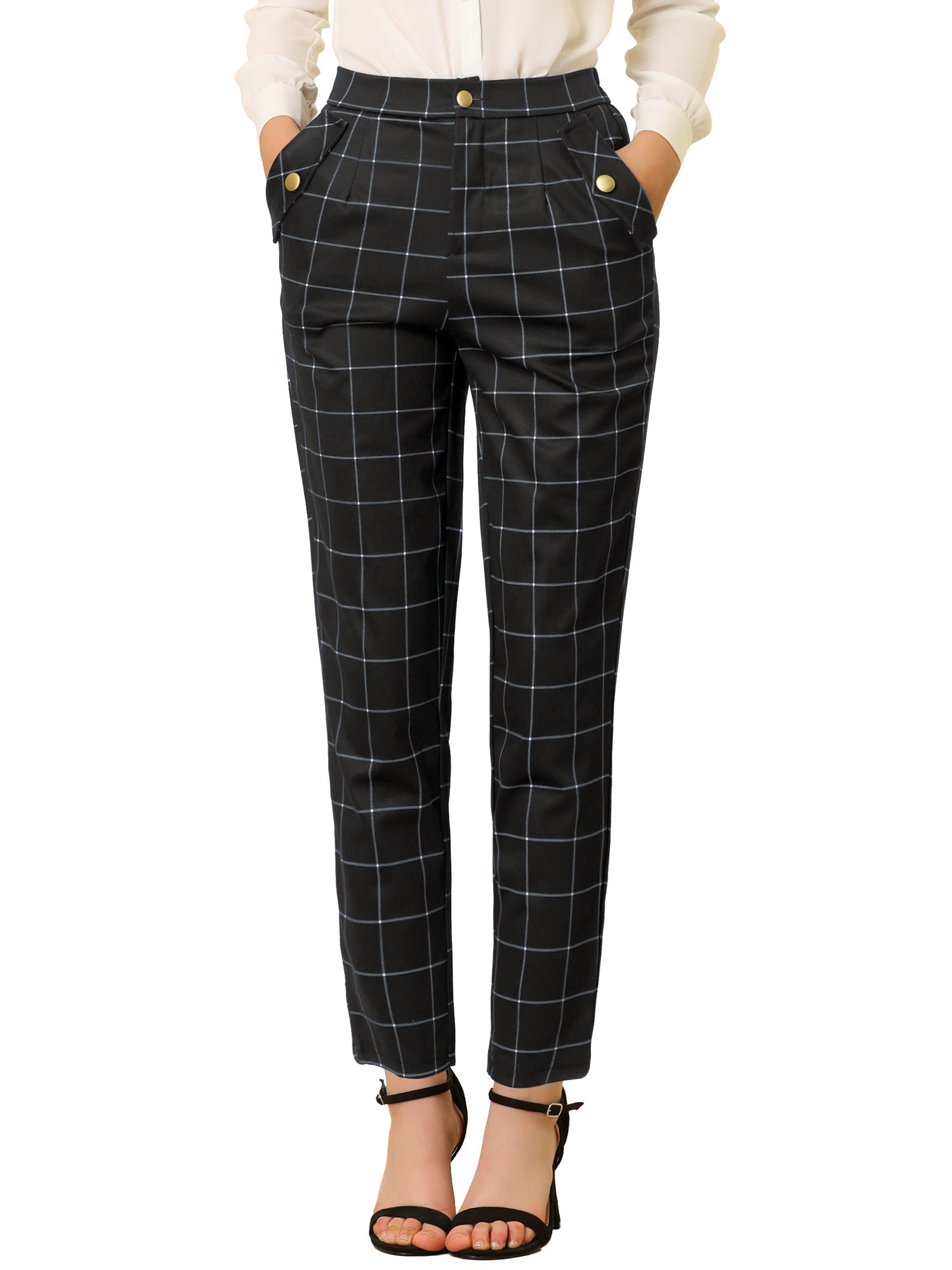 Tartan Plaid Pants Elastic Waist Straight Long Trousers