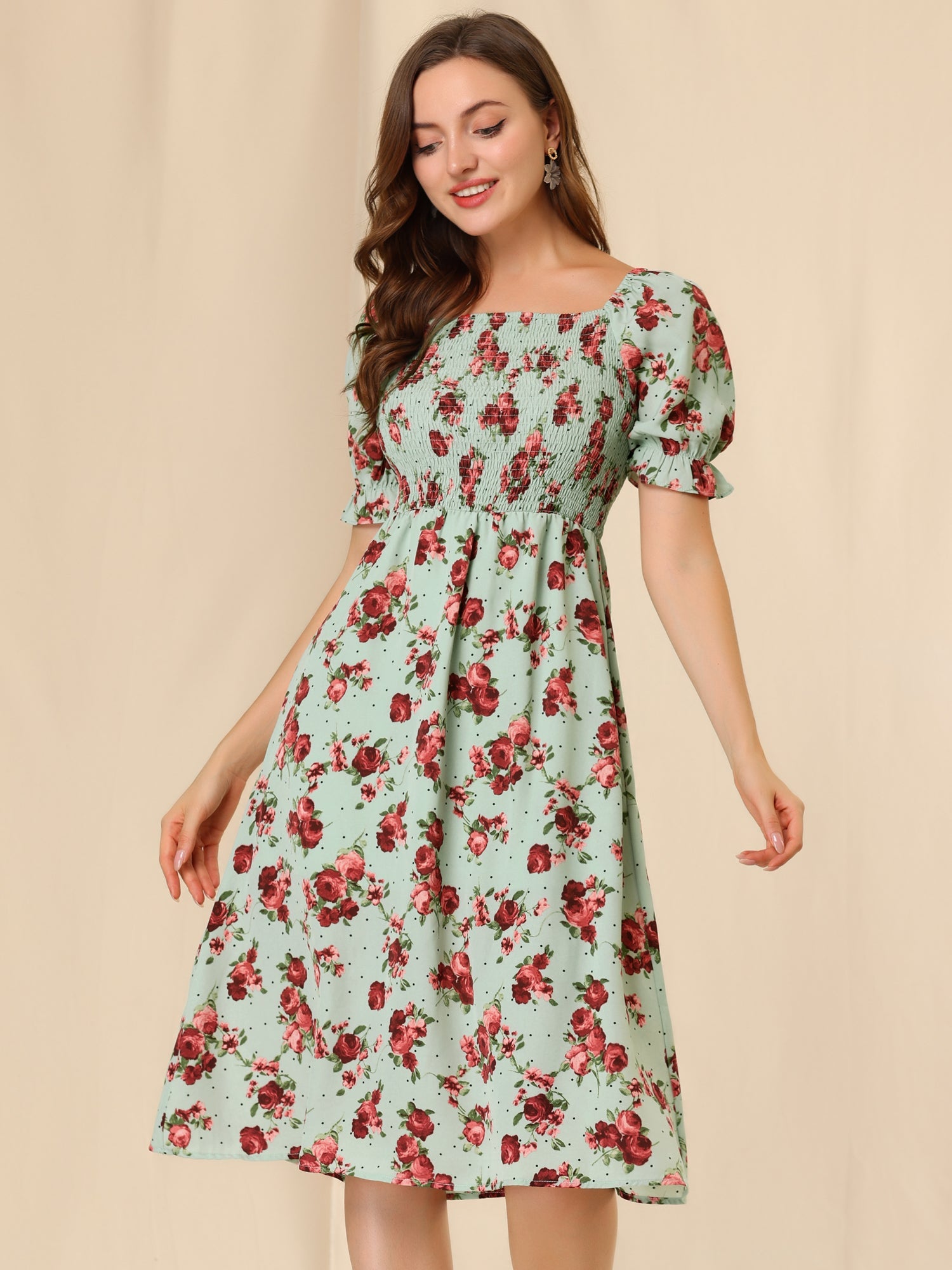 Square Neck Puff Sleeve Shirred Floral Casual Midi Dress