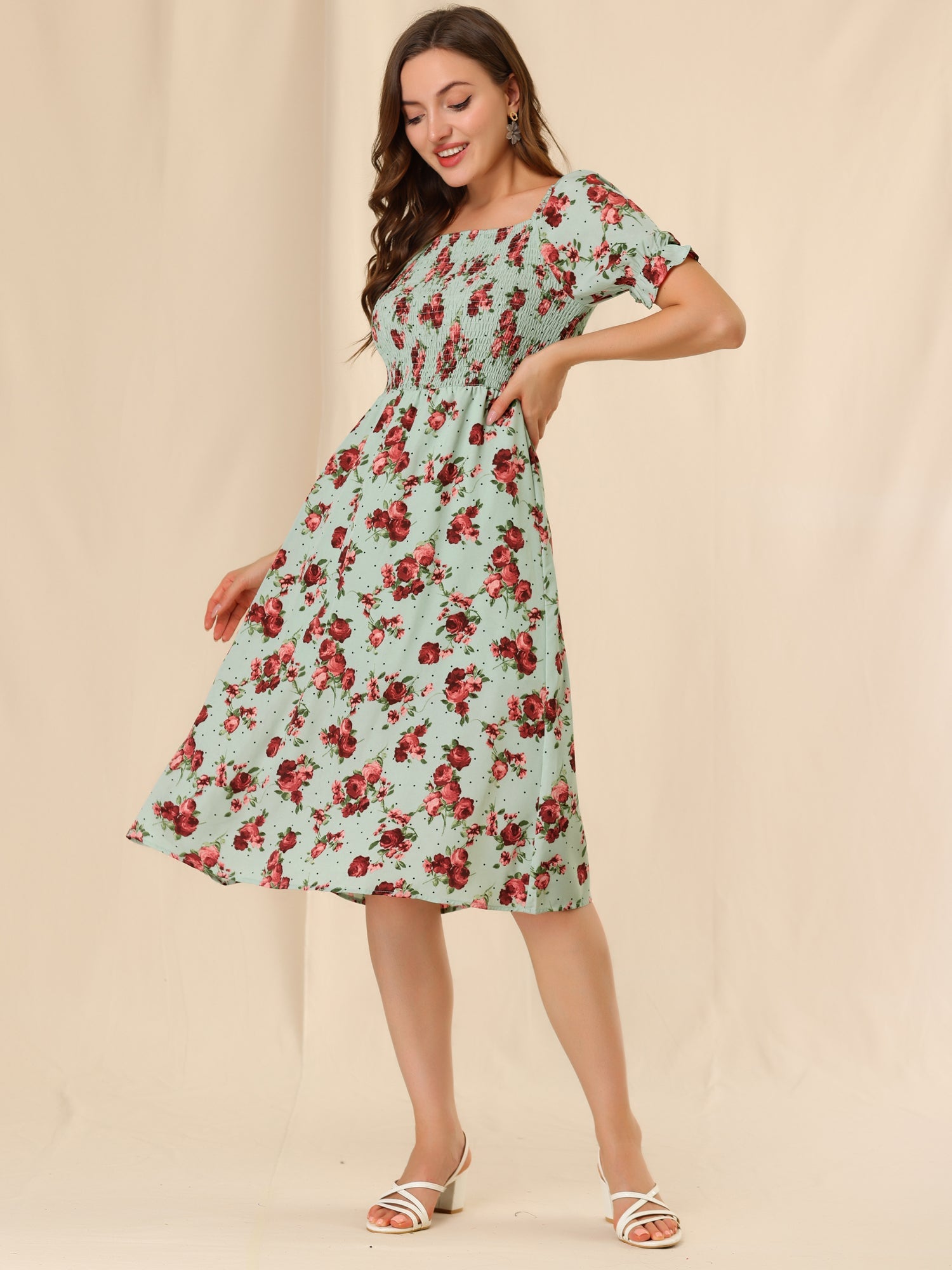 Square Neck Puff Sleeve Shirred Floral Casual Midi Dress