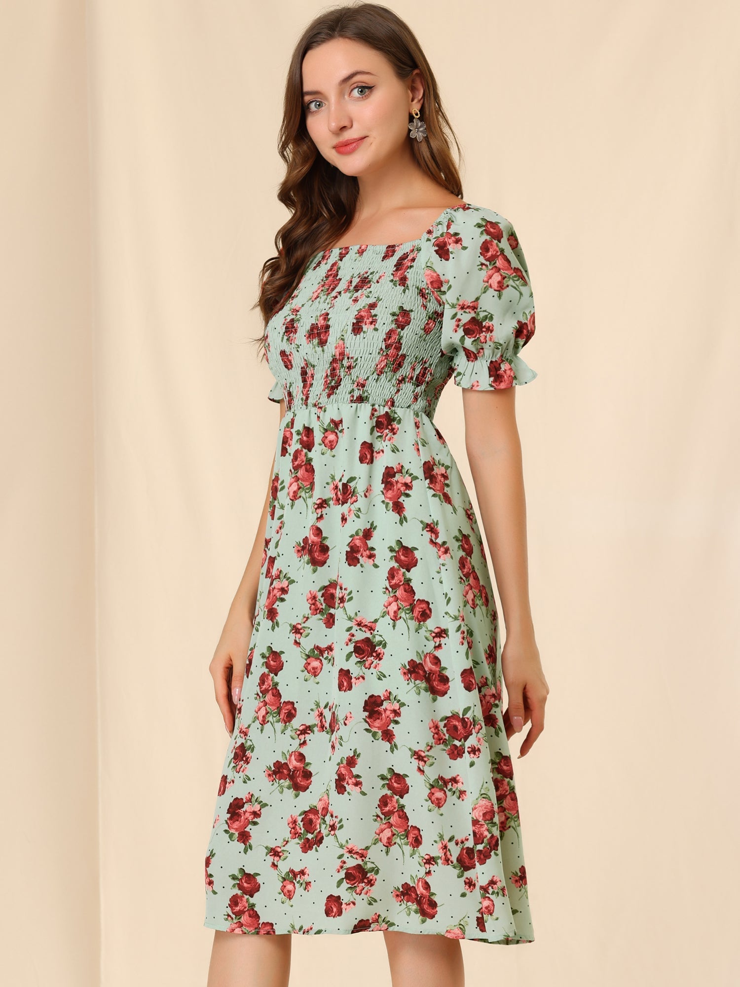 Square Neck Puff Sleeve Shirred Floral Casual Midi Dress